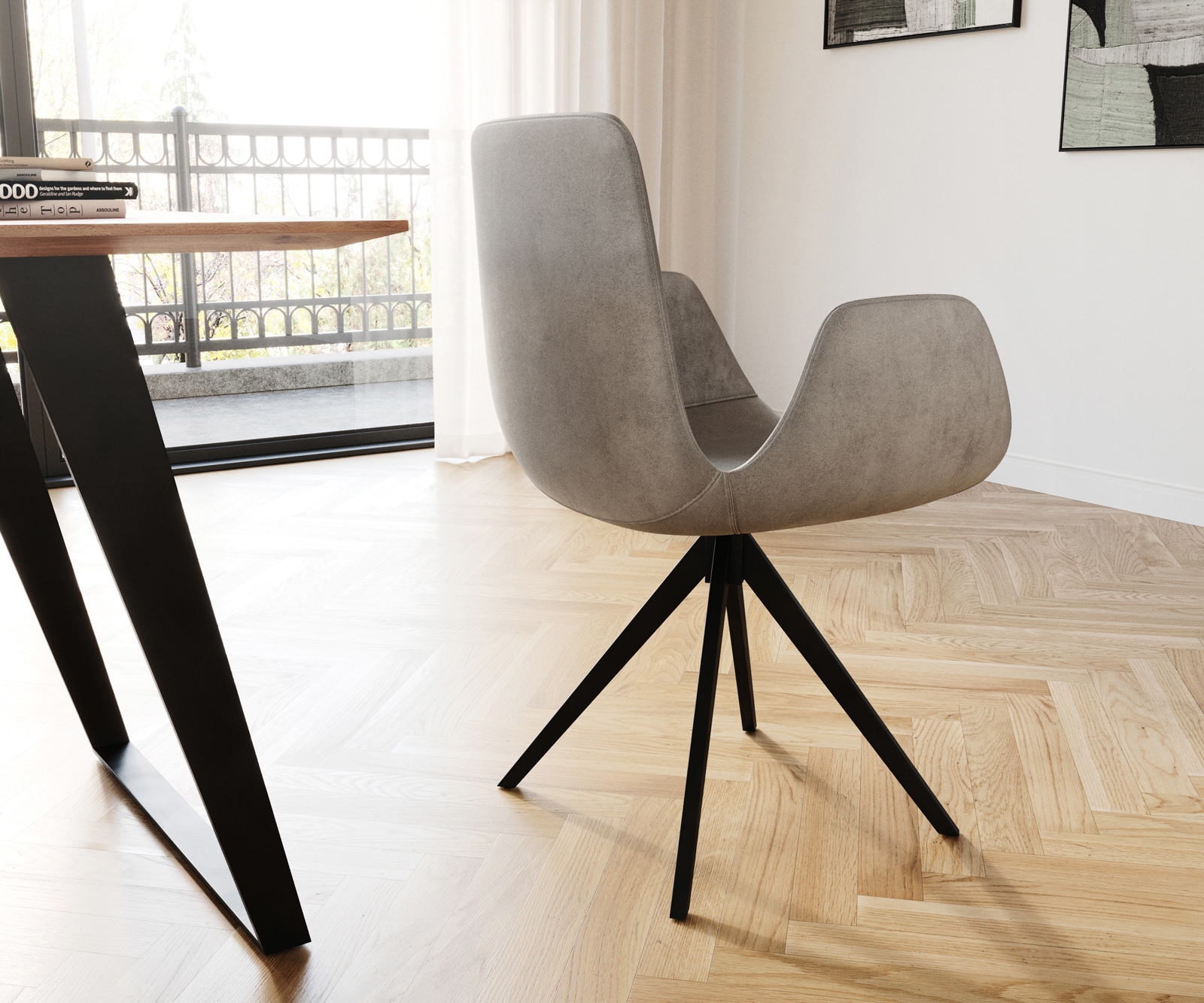 Chaise-de-salle-à-manger Ilia-Flex avec accoudoirs velours gris pied croisé angulaire noir 4 Chaise-de-salle-à-manger Ilia-Flex avec accoudoirs velours gris pied croisé angulaire noir 4