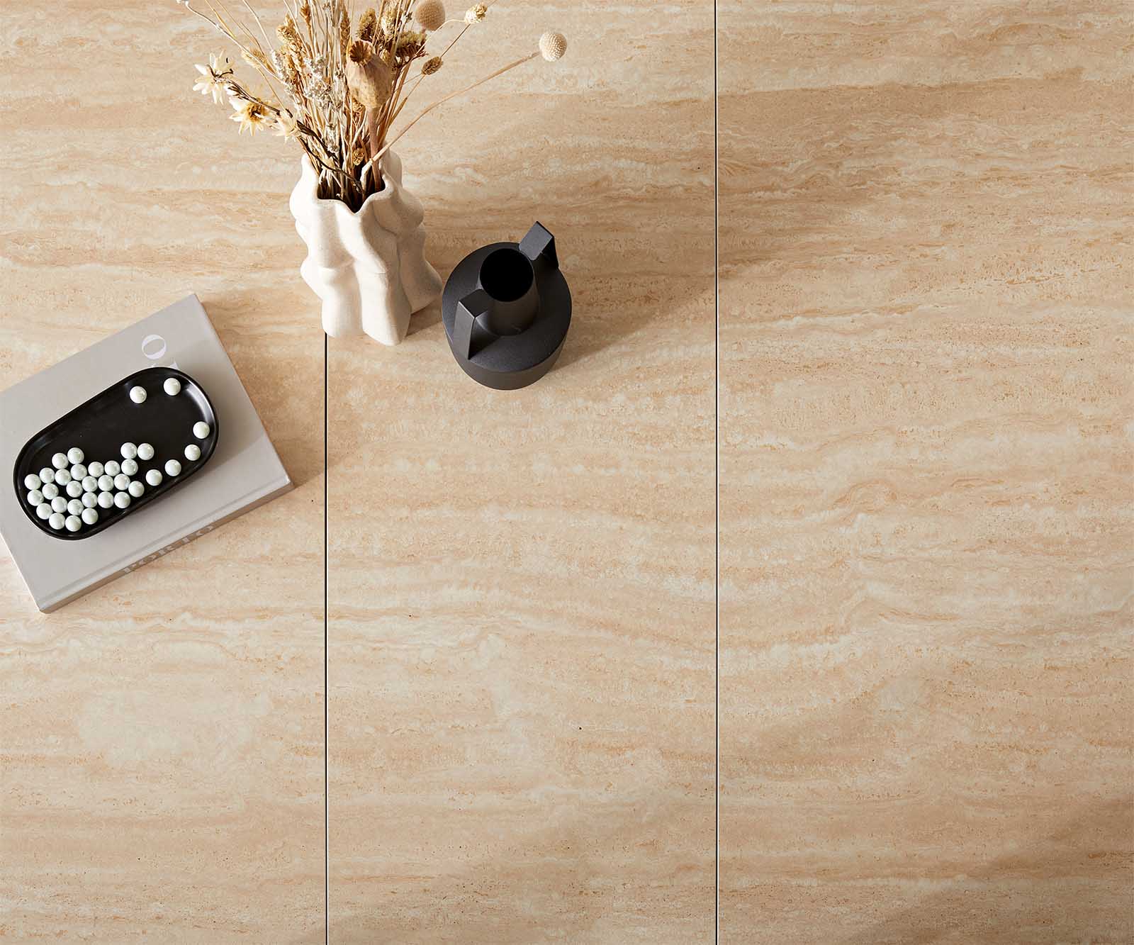 Table à manger Edge 180-220x100 céramique Travertin nature cadre en V acier plat noir extensible 2