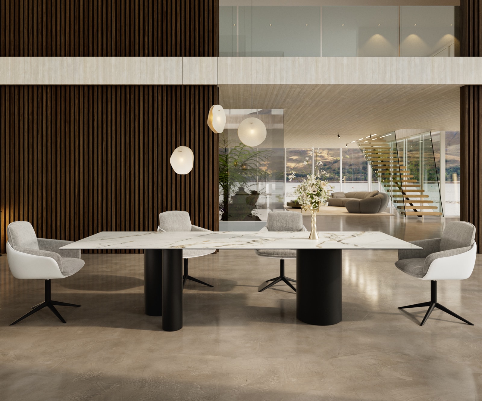 Table à manger Edge 300x100 céramique Calacatta Luxe blanc-doré-gris Troa métal noir Table à manger Edge 300x100 céramique Calacatta Luxe blanc-doré-gris Troa métal noir