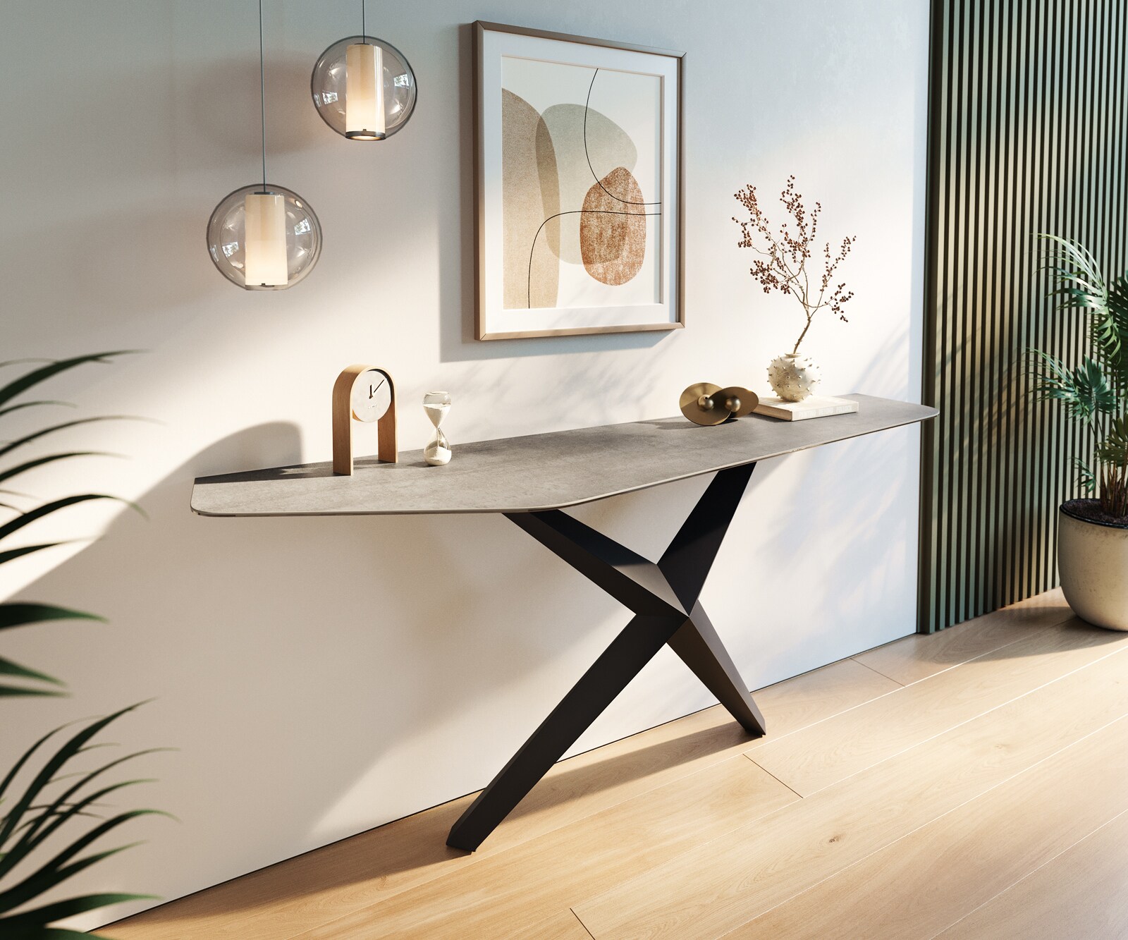 Console Edge Polygonal 180x50 cm Céramique Gris béton Zentharo Métal Noir 1
