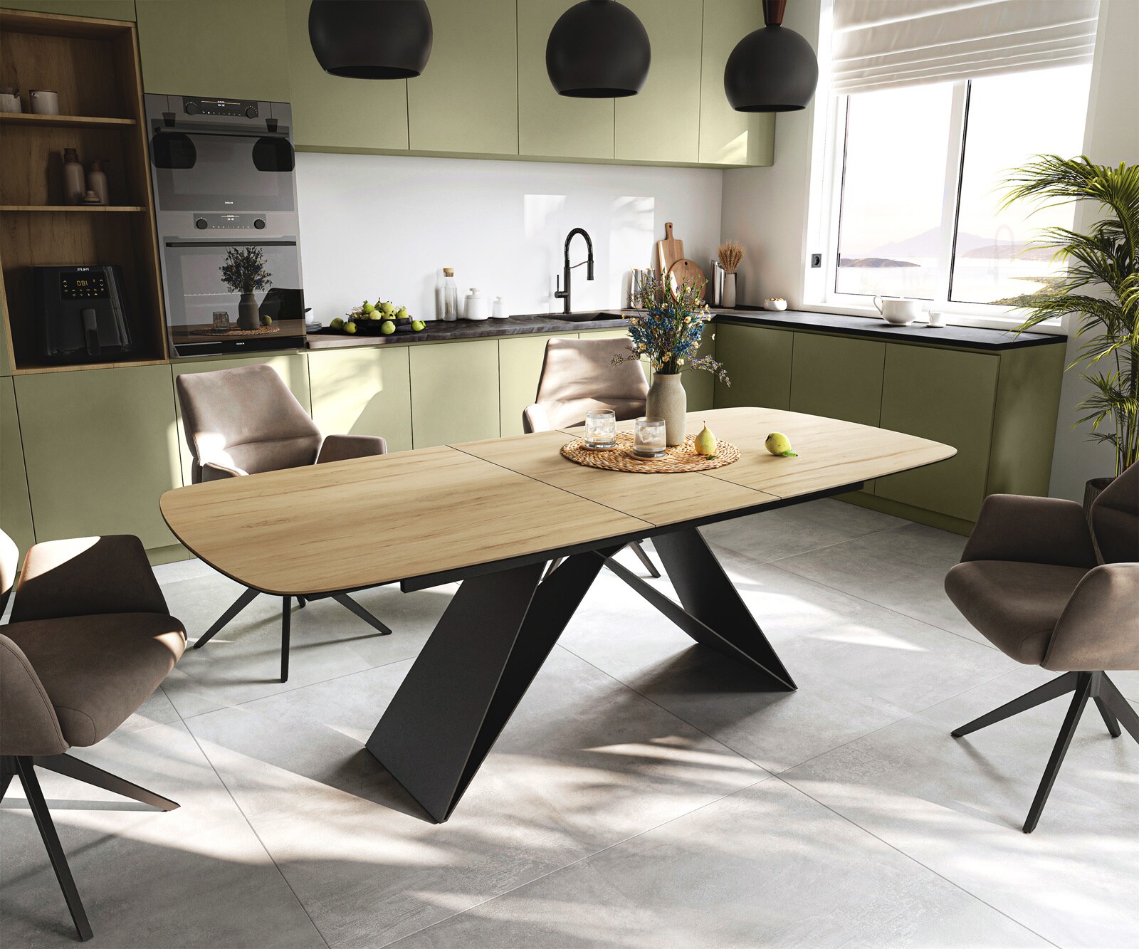 Table à manger Edge Boot 180-220x100 cm Céramique Laminam® Sabbia Eichefarbig piètement en V Flachstahl Noir extensible 1