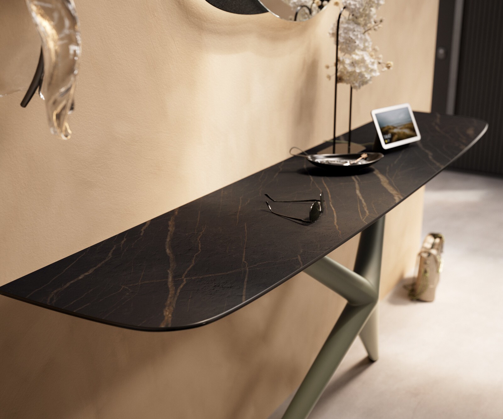 Console Edge forme bateau 180x40 cm Céramique Laminam® Noir Desir Braun Estelo Métal Effektfinish Titan 6