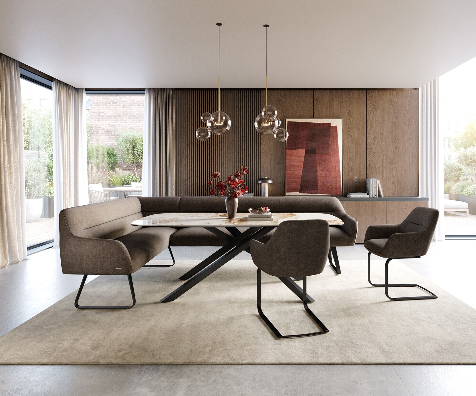 Banc-de-salle-à-manger Taya-Flex 285x190 cm tissu structuré doux taupe châssis à patins plat noir ressort ensaché à droite 2