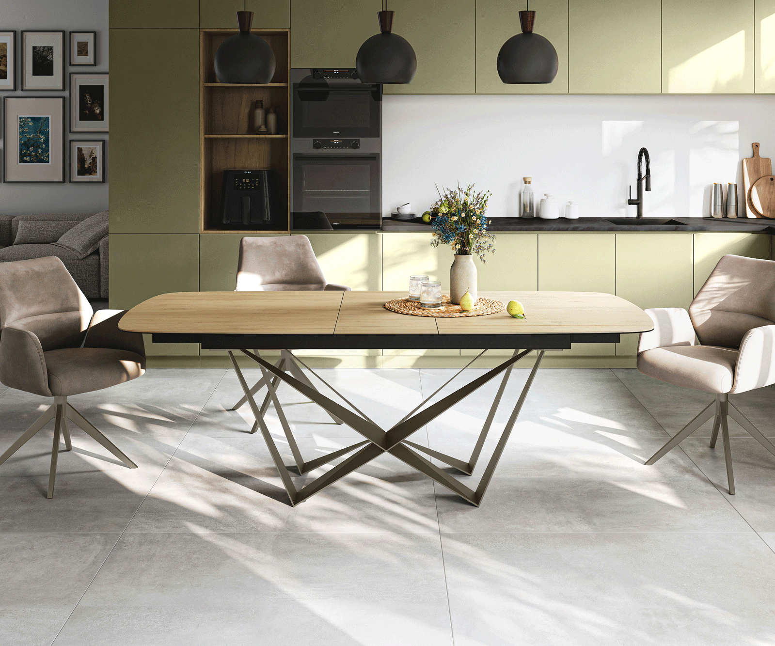 Table à manger Edge Boot 180-220x100 cm Céramique Laminam® Sabbia Eichefarbig Spider Métal Finition effet Titan extensible 2