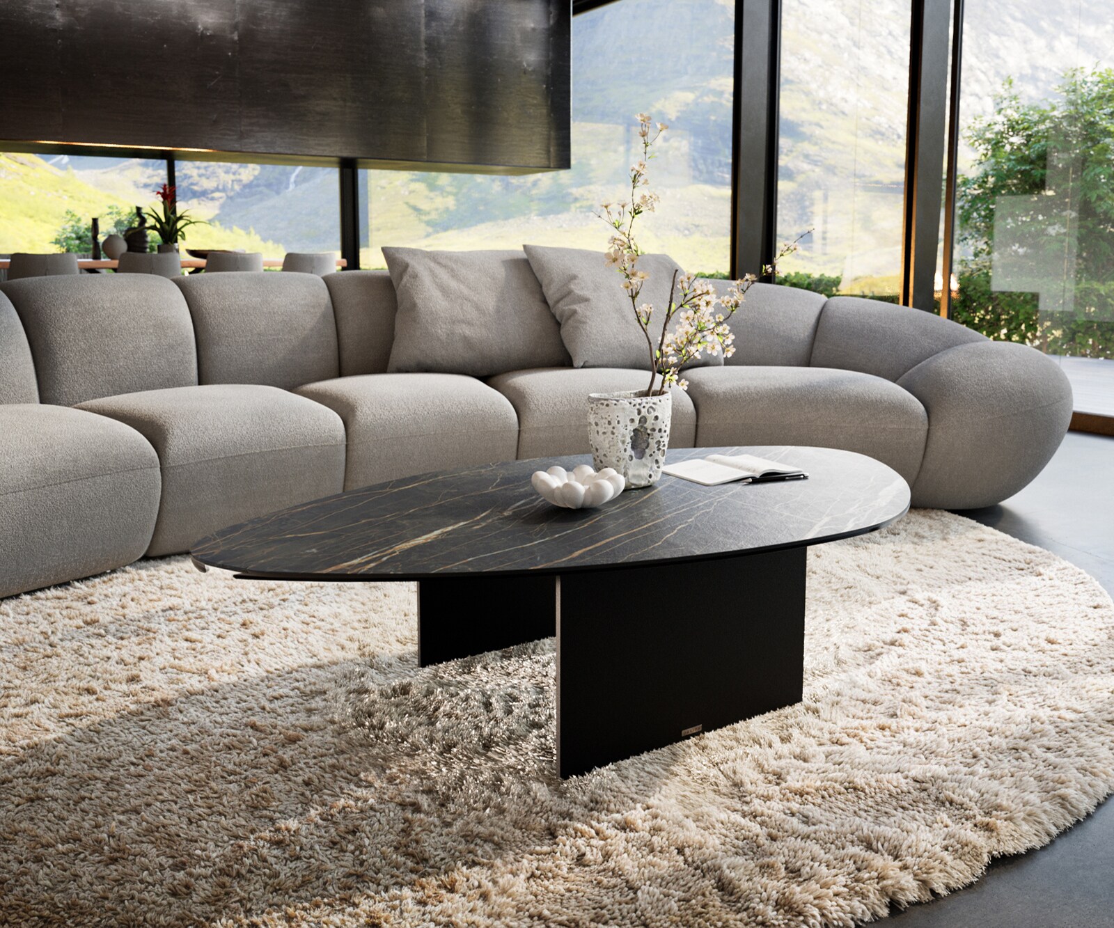 Table basse Edge Organique 140x76 cm céramique Laminam® Noir Desir brun Salto métal noir 1