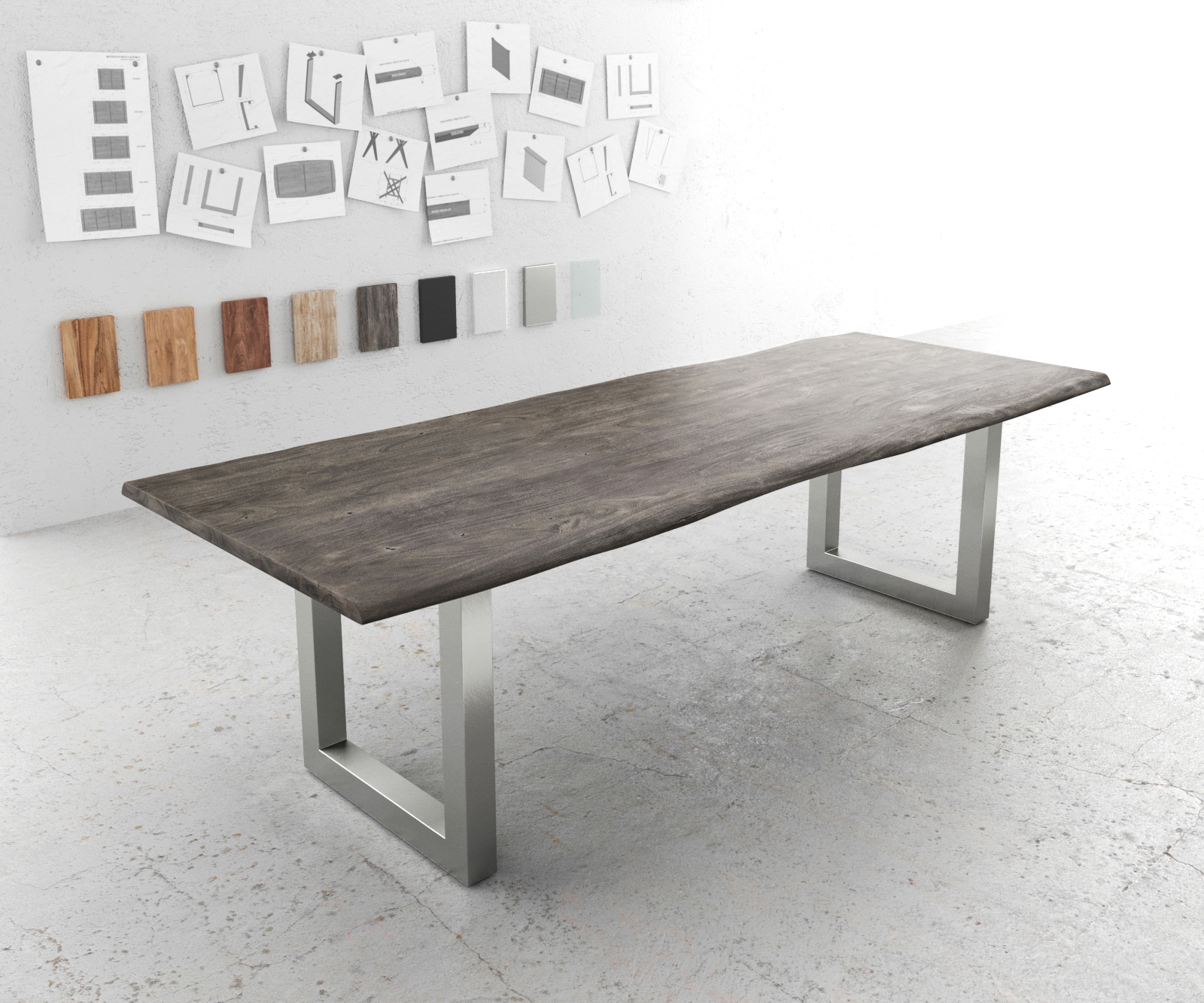 Table-à-manger Edge 260x100 acacia platine acier inoxydable large Live-Edge Table-à-manger Edge 260x100 acacia platine acier inoxydable large Live-Edge