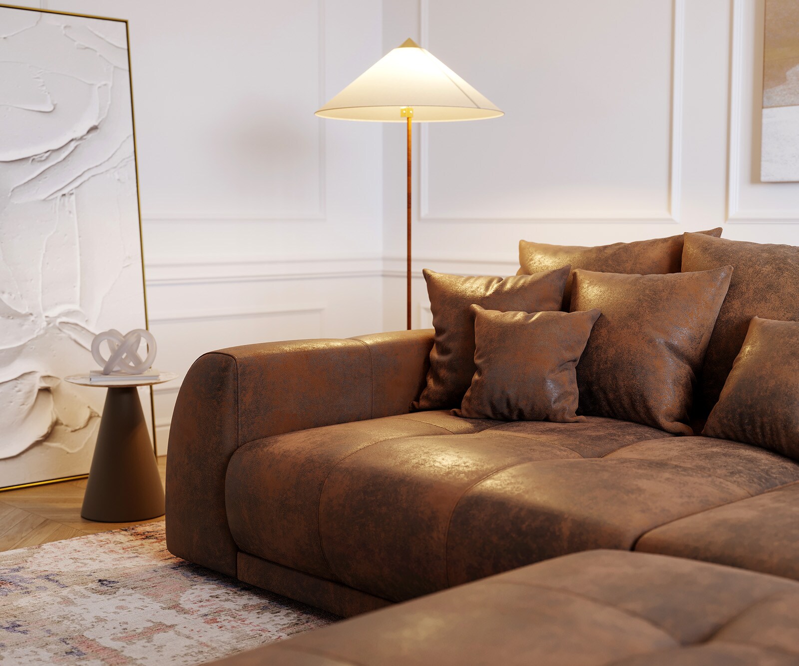 Canapé Violetta 310x135 marron aspect antique coussin tabouret bigsofa 4