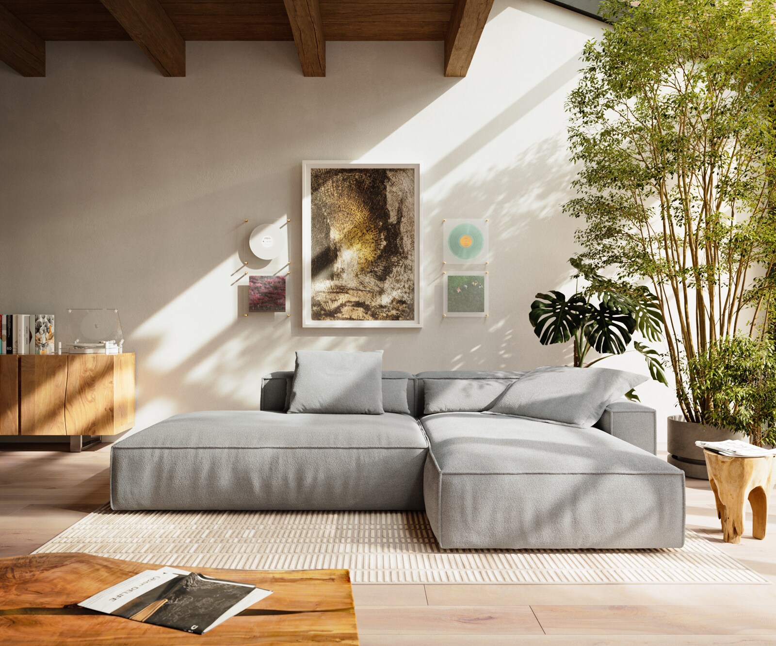 Canapé d'angle Freestyle 310x200 cm Tissu structuré doux Gris couture passepoilée 1