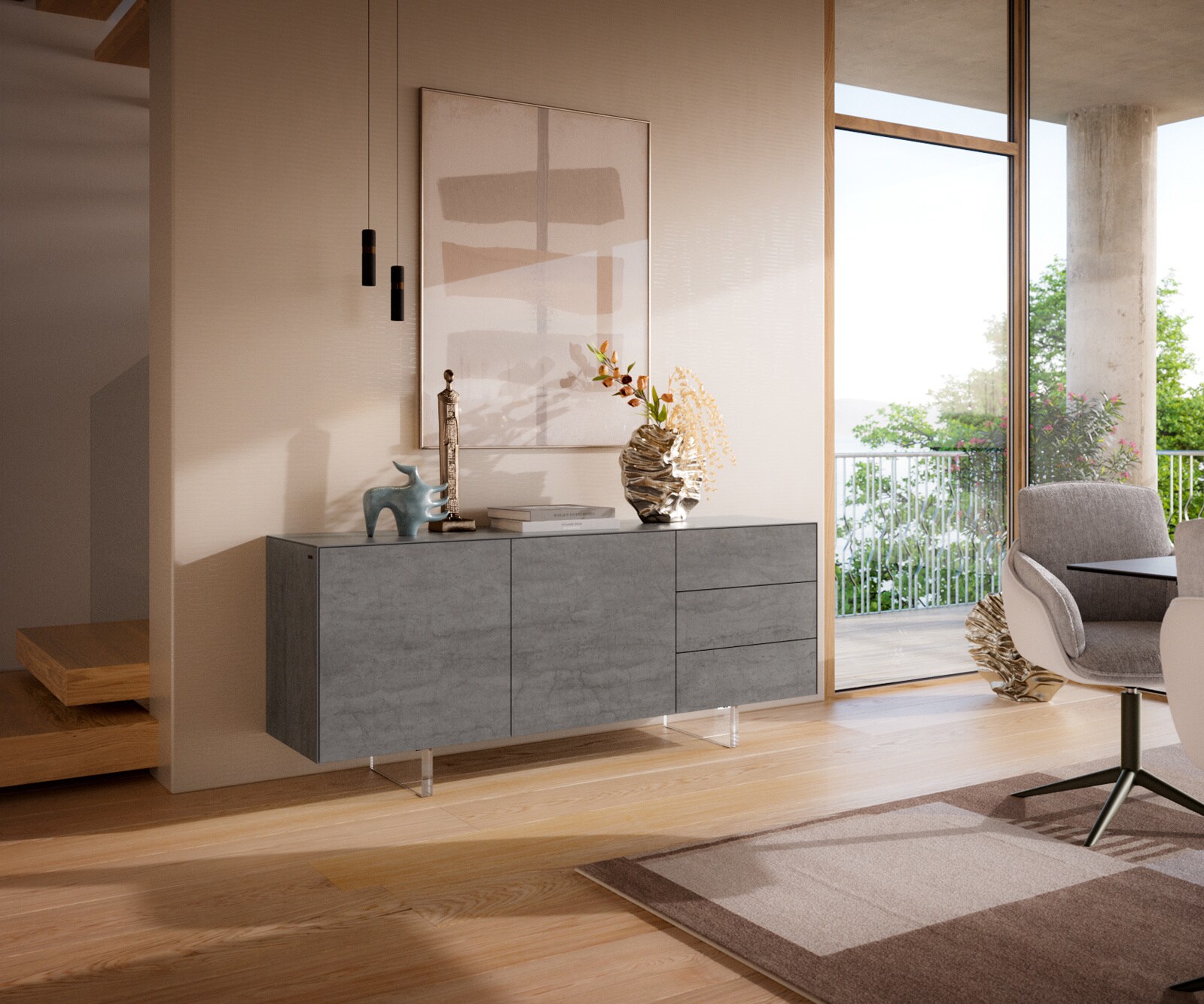 Buffet Cuor 180 cm Céramique Béton gris 2 Portes 3 Tiroirs Pied optique flottant Verre acrylique 1