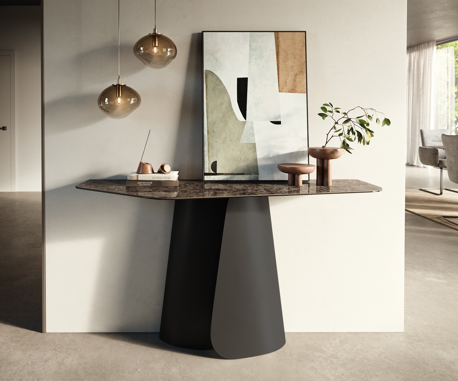 Console Edge Polygonal 140x50 cm Céramique Emperador Extra Lucidato Dunkelbraun Livos Métal Noir