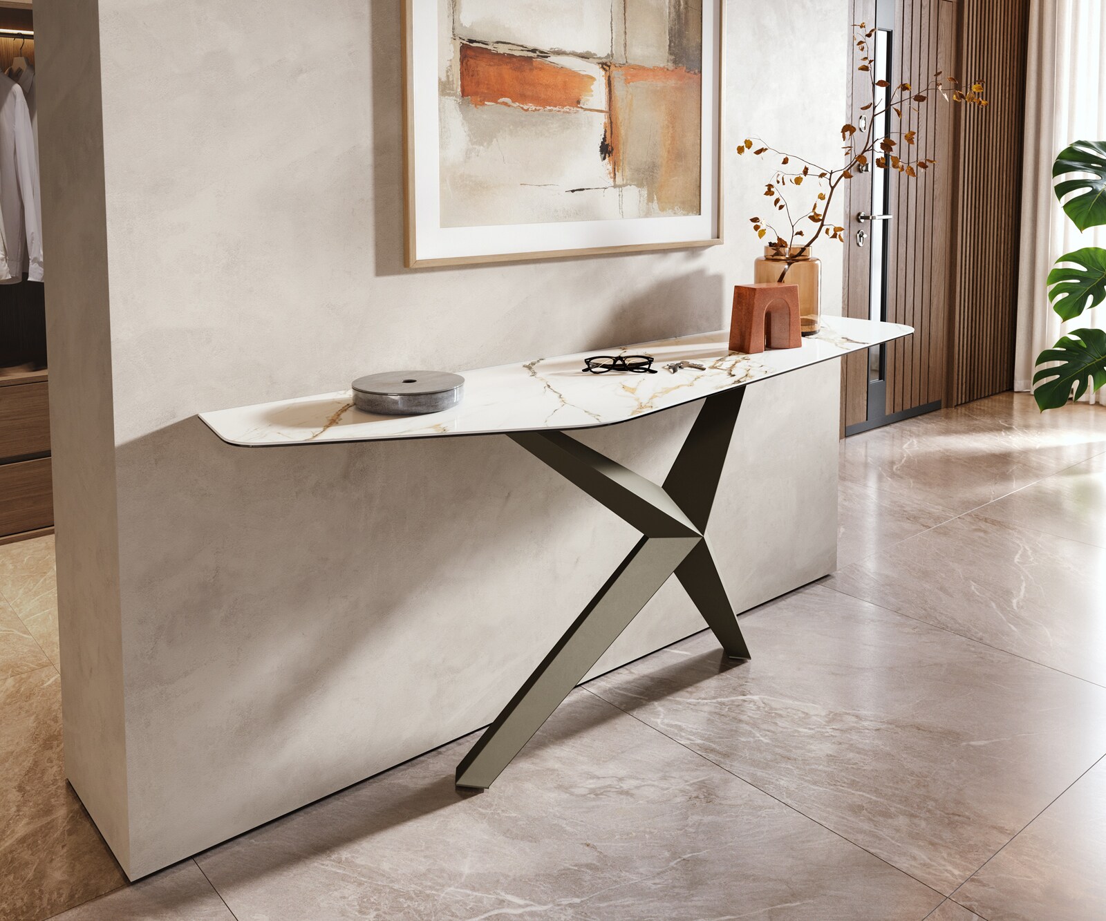 Console Edge Polygonal 180x50 cm Céramique Calacatta Luxe Weiß-Gold-Gris Zentharo Métal Effektfinish Titan 1