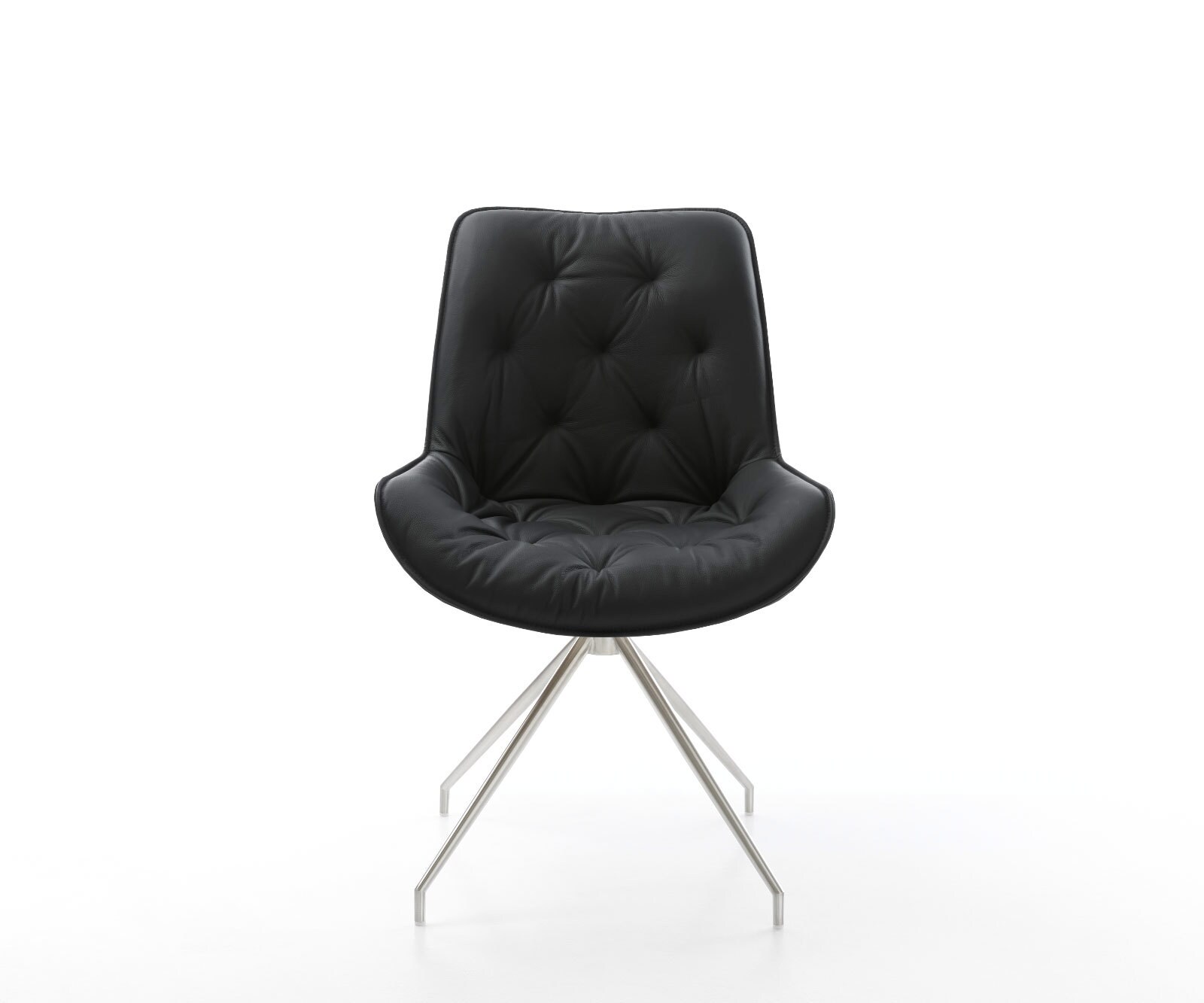 Chaise-de-salle-à-manger Taimi-Flex cuir de vache noir pied croisé conique acier inoxydable brossé 2 Chaise-de-salle-à-manger Taimi-Flex cuir de vache noir pied croisé conique acier inoxydable brossé 2