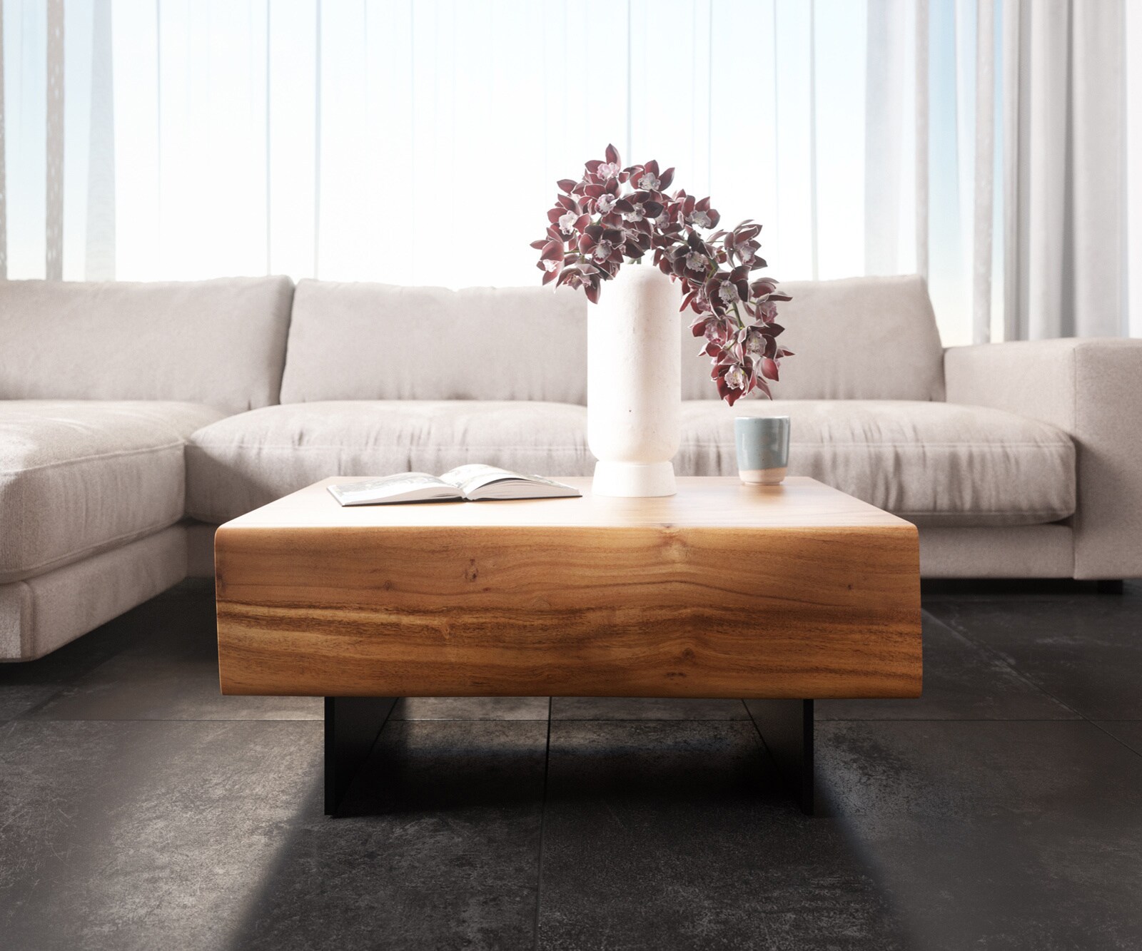 Table-basse New Live-Edge 80x60 cm acacia naturel 2 tiroirs pied flottant métal noir 1