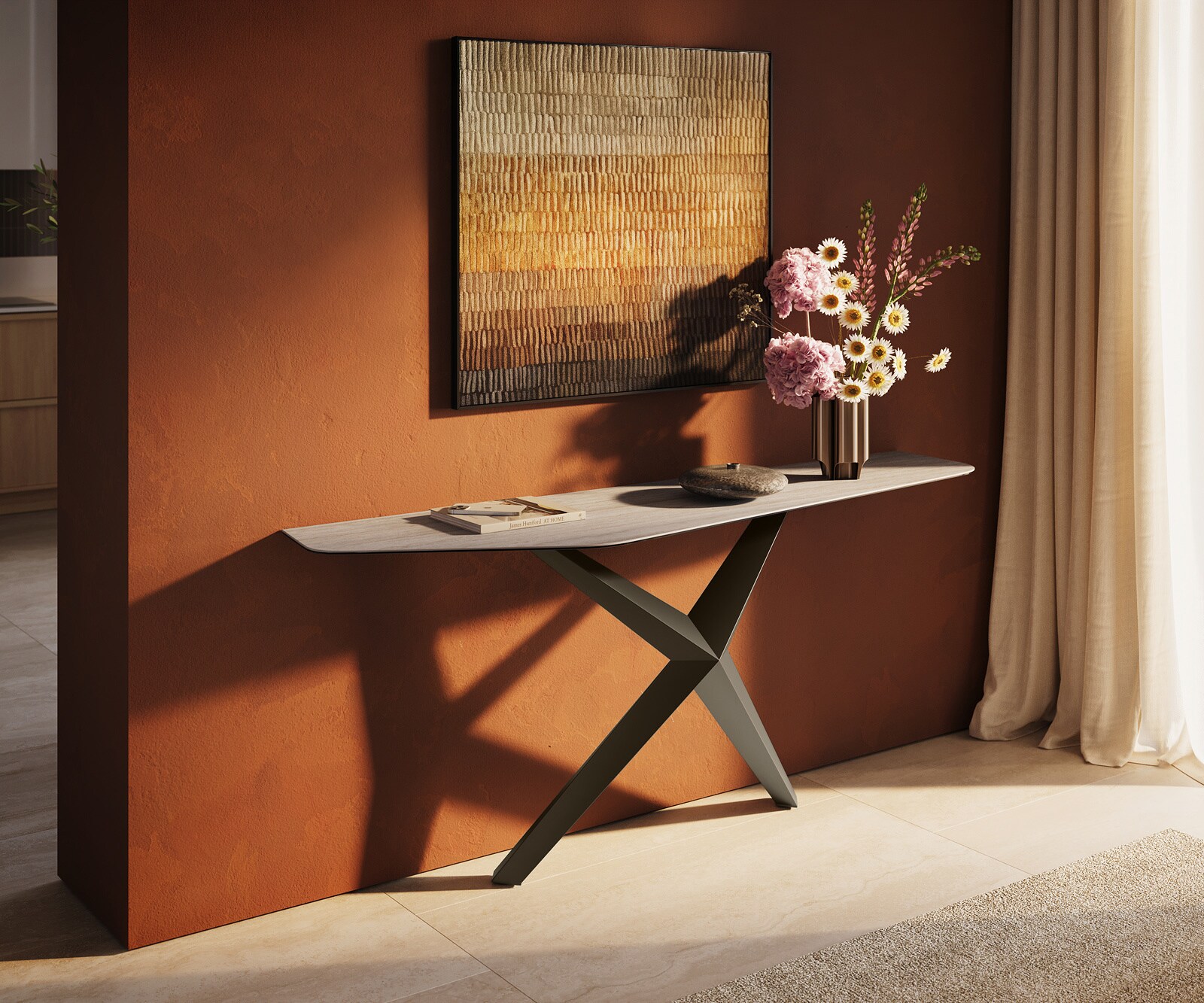 Console Edge Polygonal 180x50 cm Céramique Laminam® Travertino Bianco Creme-Weiß Zentharo Métal Effektfinish Titan 4