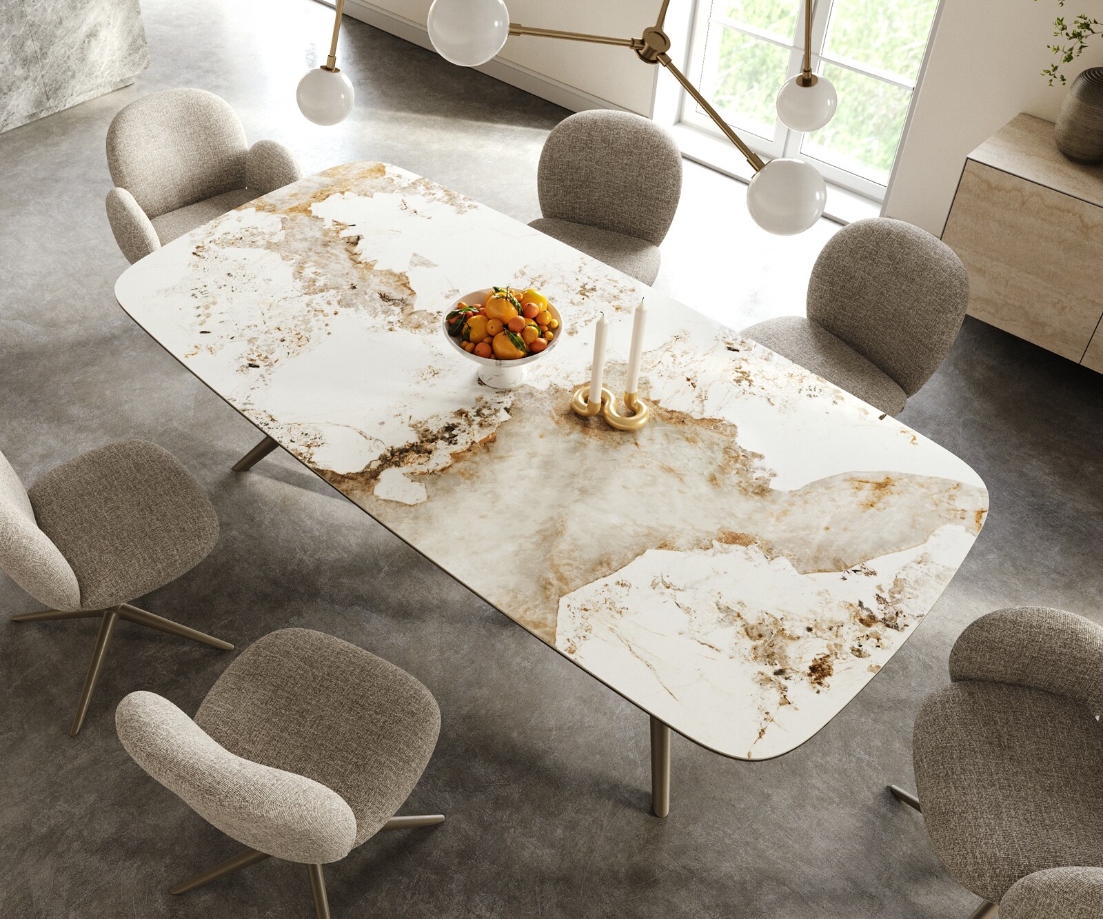 Table à manger Edge Boot 240x120 cm Céramique Minas Melange Blanc-Beige Estelar rond Métal Finition effet Titan 3