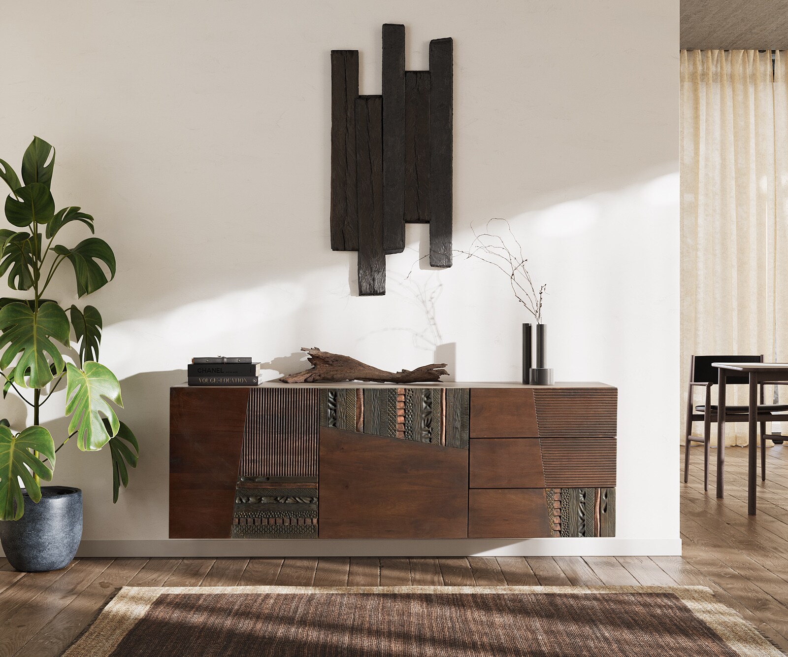 Buffet Imara 175 cm manguier brun 2 portes 3 tiroirs suspendu 2
