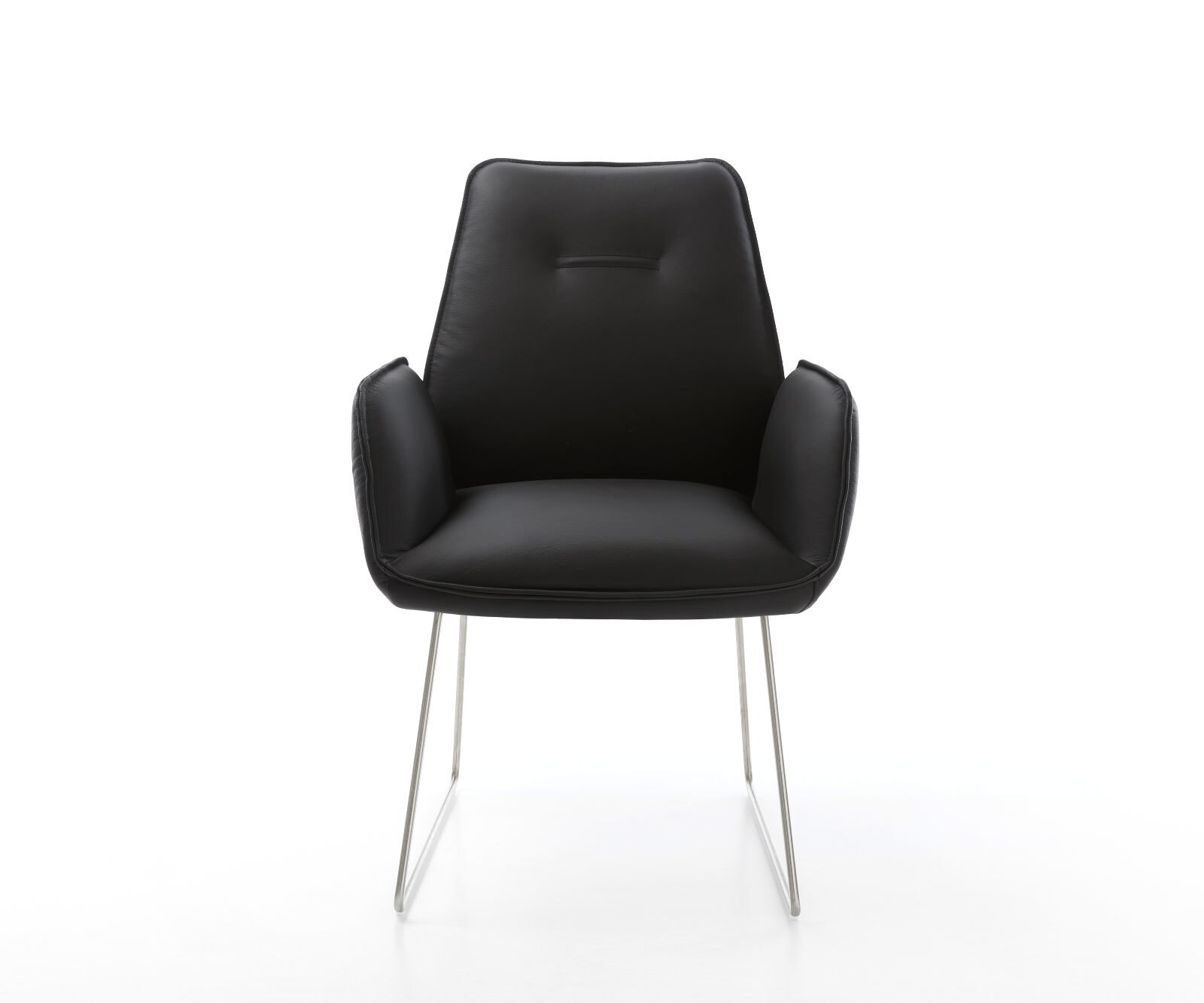 Chaise-de-salle-à-manger Zoa-Flex cuir de vache noir pied trapèze acier inoxydable brossé ressorts ensachés 1