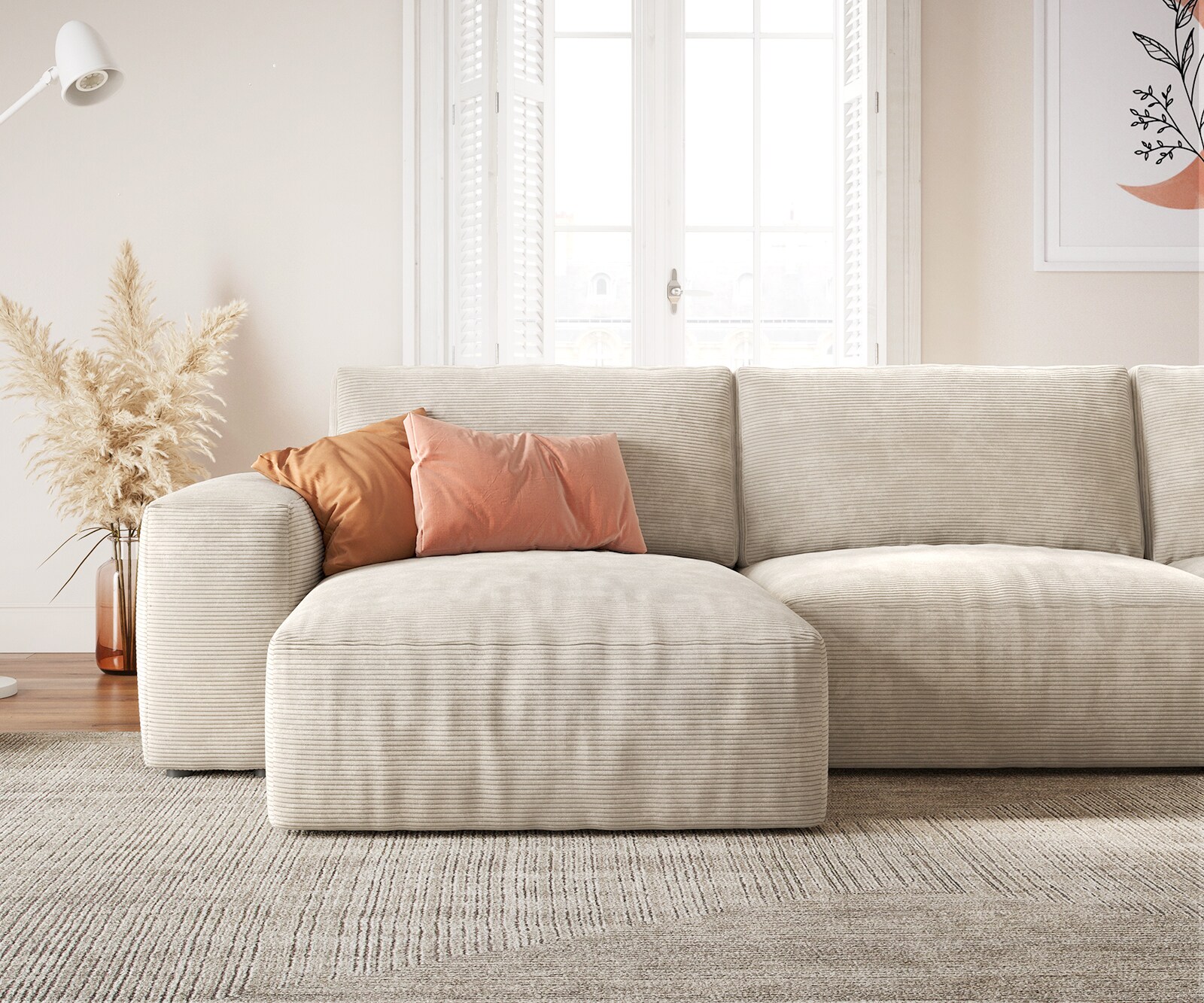 Grand canapé d’angle Lanzo 300x210 cm velours côtelé beige méridienne réversible 4