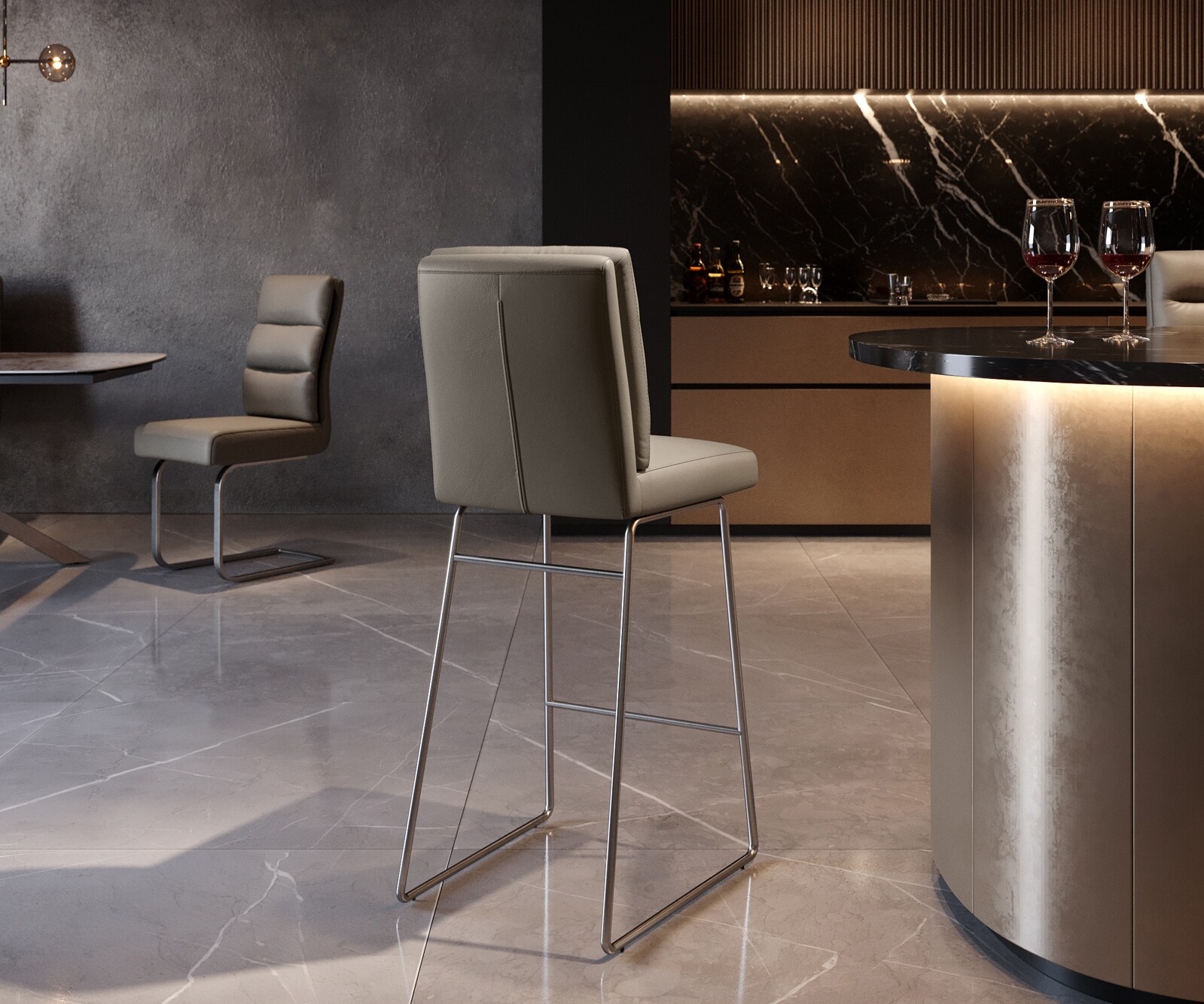 Chaise-de-bar Pela-Flex cuir véritable boue piétement traîneau inox ressorts ensachés 2