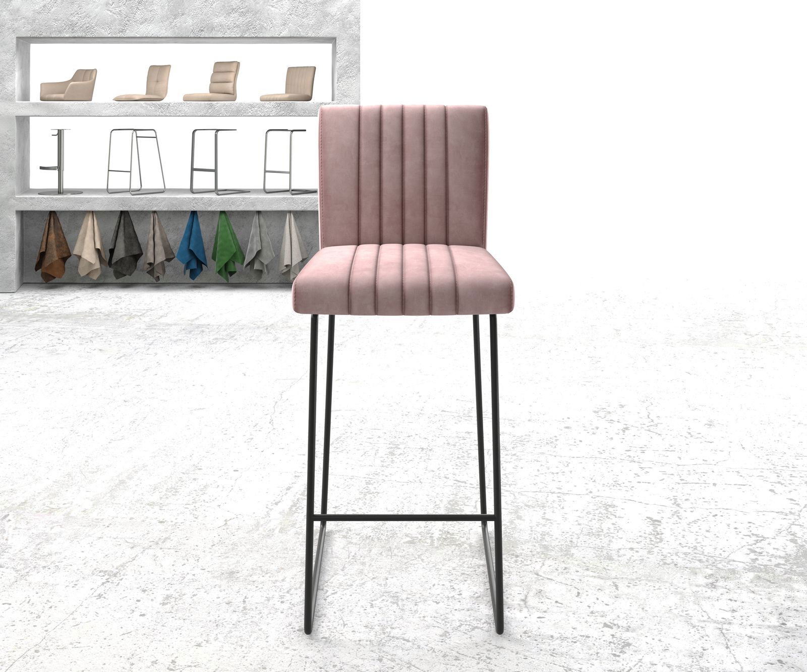 Chaise-de-bar Luiga-Flex velours rosé cadre de patins métal 1