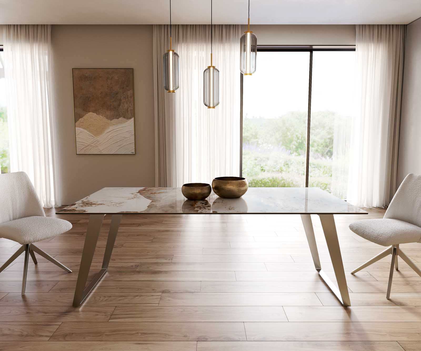 Table à manger Edge 200x100 céramique Minas mélange blanc-beige acier inoxydable incliné 1 Table à manger Edge 200x100 céramique Minas mélange blanc-beige acier inoxydable incliné 1