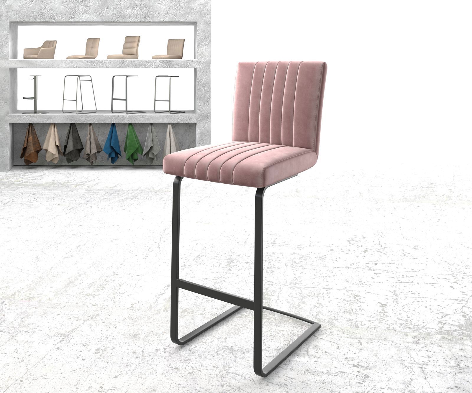 Chaise-de-bar Luiga-Flex velours rosé chaise cantilever métal plat 1