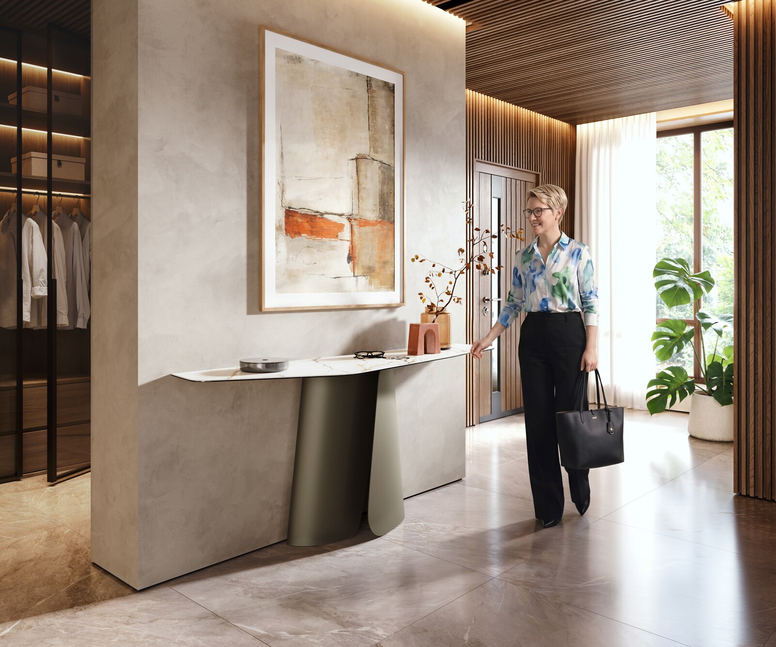 Console Edge Polygonal 180x50 cm Céramique Calacatta Luxe Weiß-Gold-Gris Livos Métal Effektfinish Titan 5