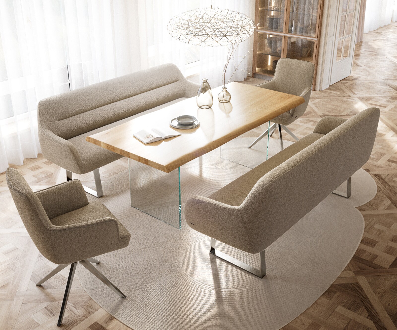 Banc-de-salle-à-manger Taya-Flex 200 cm bouclé boue piètement à patins angulaire acier inoxydable ressort ensaché 4