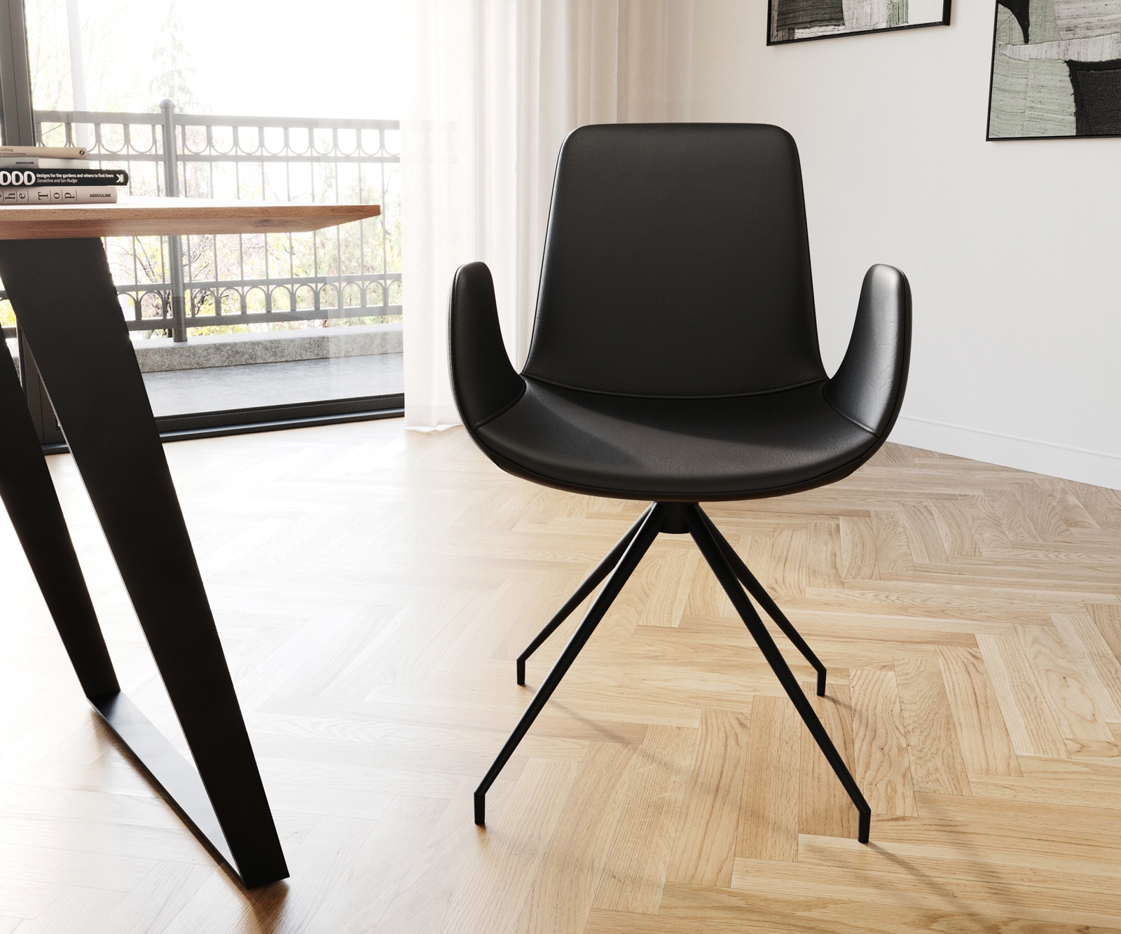 Chaise-de-salle-à-manger Ilia-Flex avec accoudoirs cuir de vache noir pied croisé conique noir 1 Chaise-de-salle-à-manger Ilia-Flex avec accoudoirs cuir de vache noir pied croisé conique noir 1