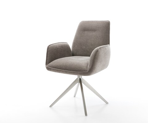 Chaise-pivotante Zoa-Flex tissu structuré doux taupe pied croisé large acier inoxydable pivotement sur 360° fonction bascule ressorts ensachés