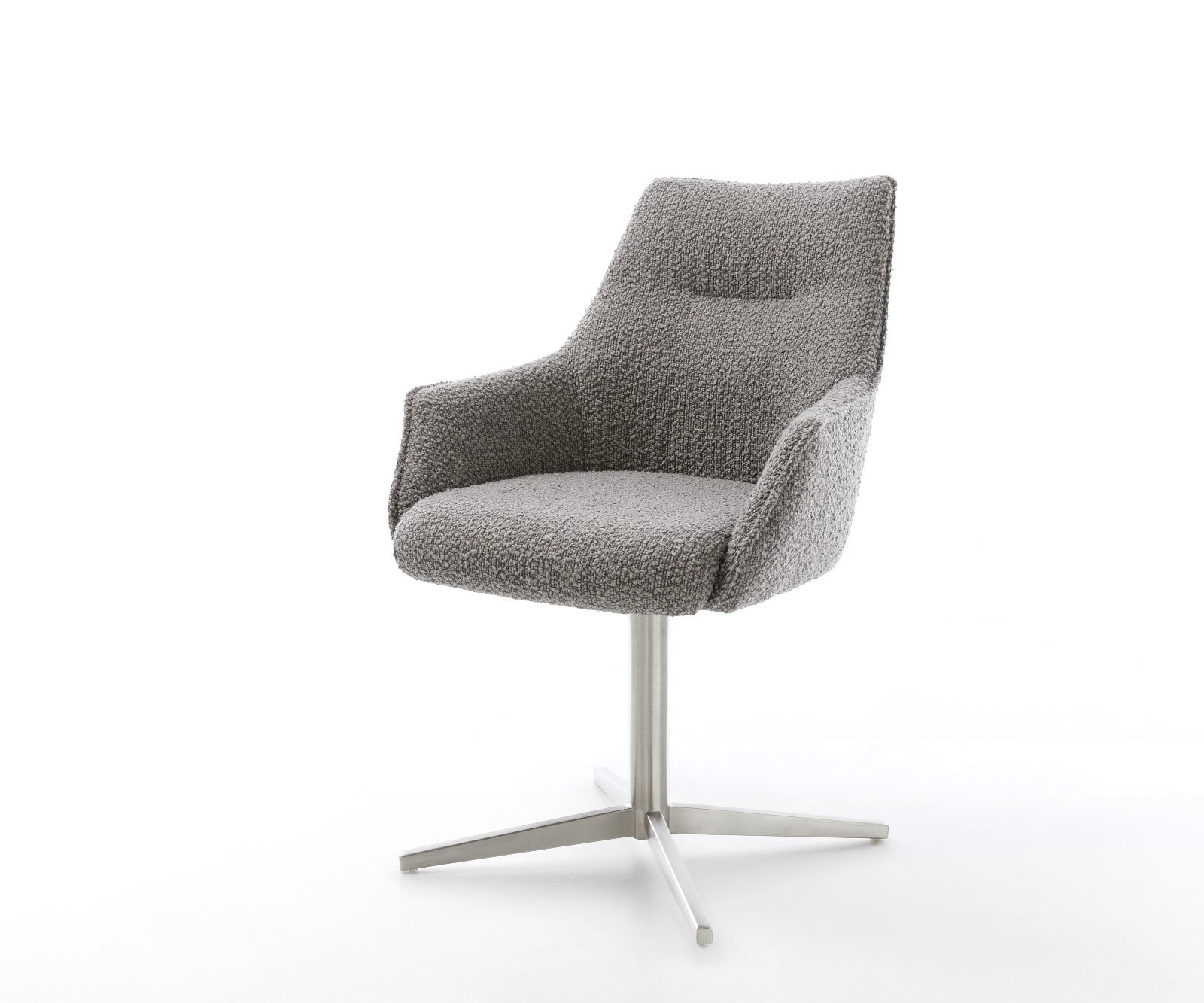 Chaise-pivotante Alja-Flex avec accoudoirs bouclé gris argenté pied de chaise 4 branches acier inoxydable brossé pivotement sur 360° ressorts ensachés Chaise-pivotante Alja-Flex avec accoudoirs bouclé gris argenté pied de chaise 4 branches acier inoxydable brossé pivotement sur 360° ressorts ensachés