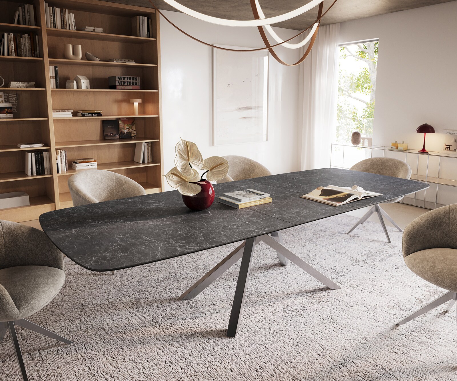 Table à manger Edge Boot 240-300x120 cm Céramique Laminam® Nero Greco Anthracite piètement en croix Rectangle Acier inoxydable extensible 1