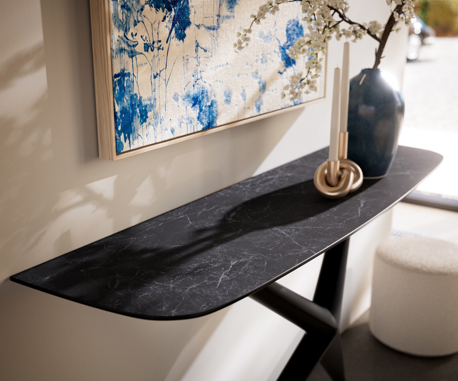 Console Edge forme bateau 140x40 cm Céramique Laminam® Nero Greco Anthrazit Estelo Métal Noir 1