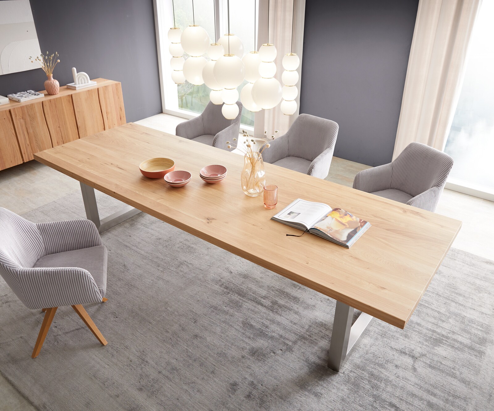 Table à manger Edge 300x100 chêne nature acier inoxydable large 4