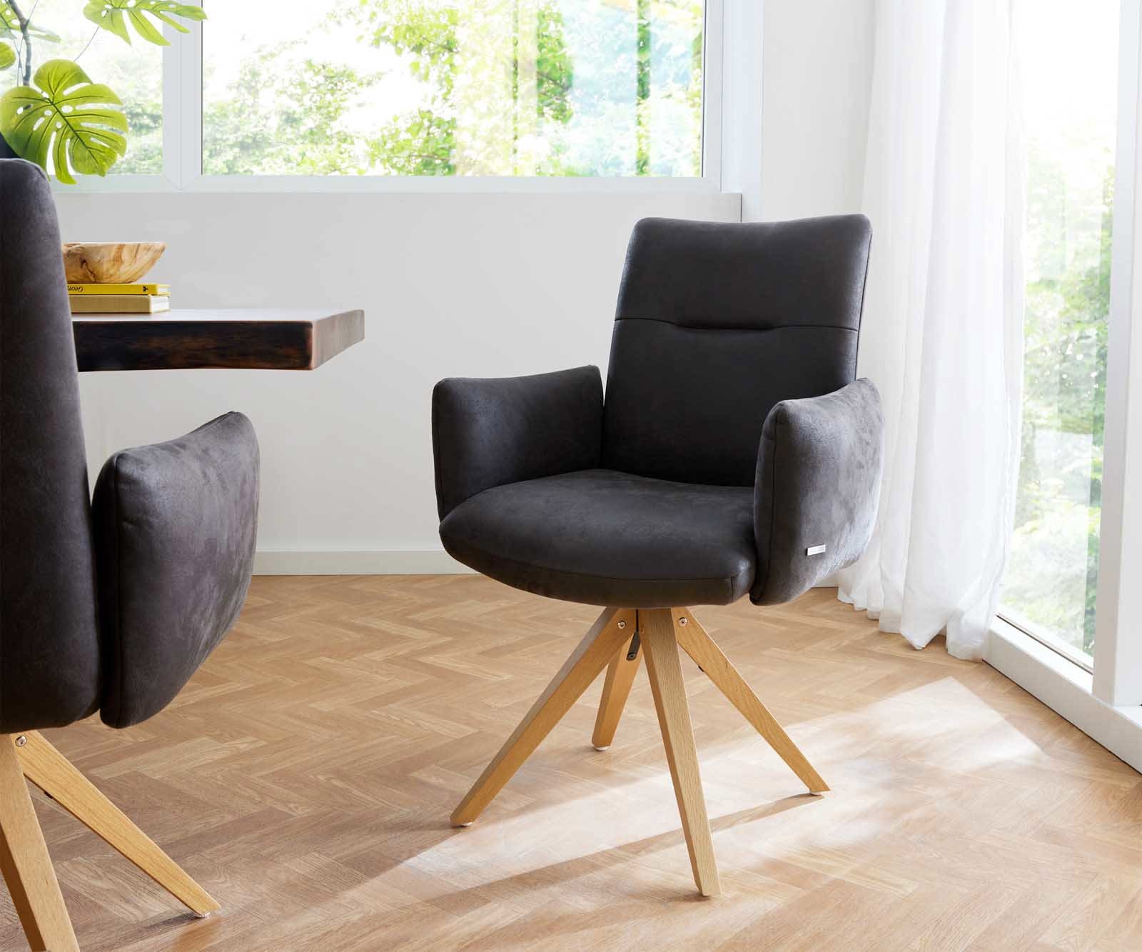 Chaise-pivotante Jova-Flex avec accoudoirs microvelours anthracite vintage pied en bois angulaire naturel pivotement sur 180° ressorts ensachés Chaise-pivotante Jova-Flex avec accoudoirs microvelours anthracite vintage pied en bois angulaire naturel pivotement sur 180° ressorts ensachés