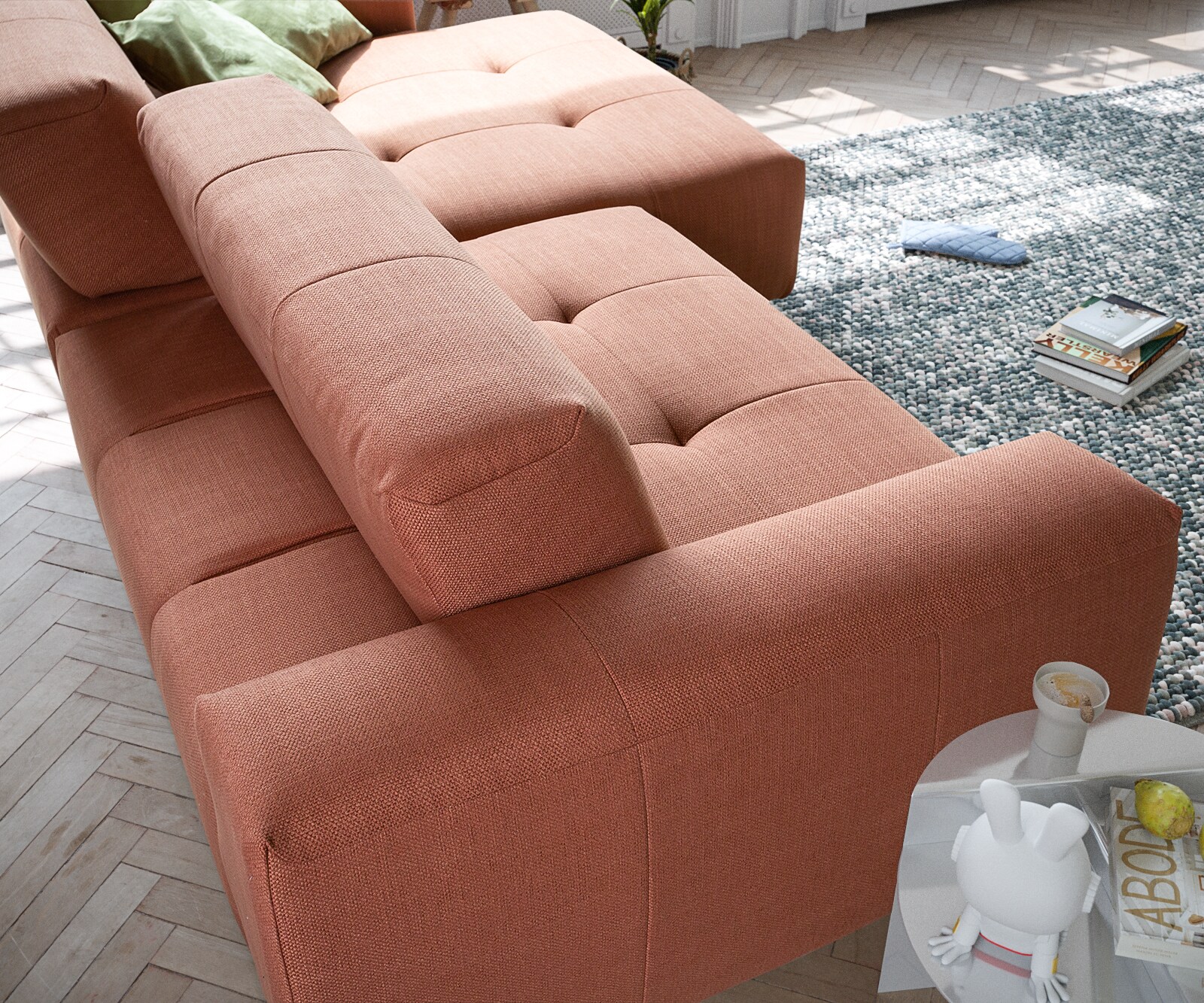 Canapé-d'angle Lazaro 300x160 cm tissu plat orange ottomane à droite avec réglage de la profondeur d'assise 3