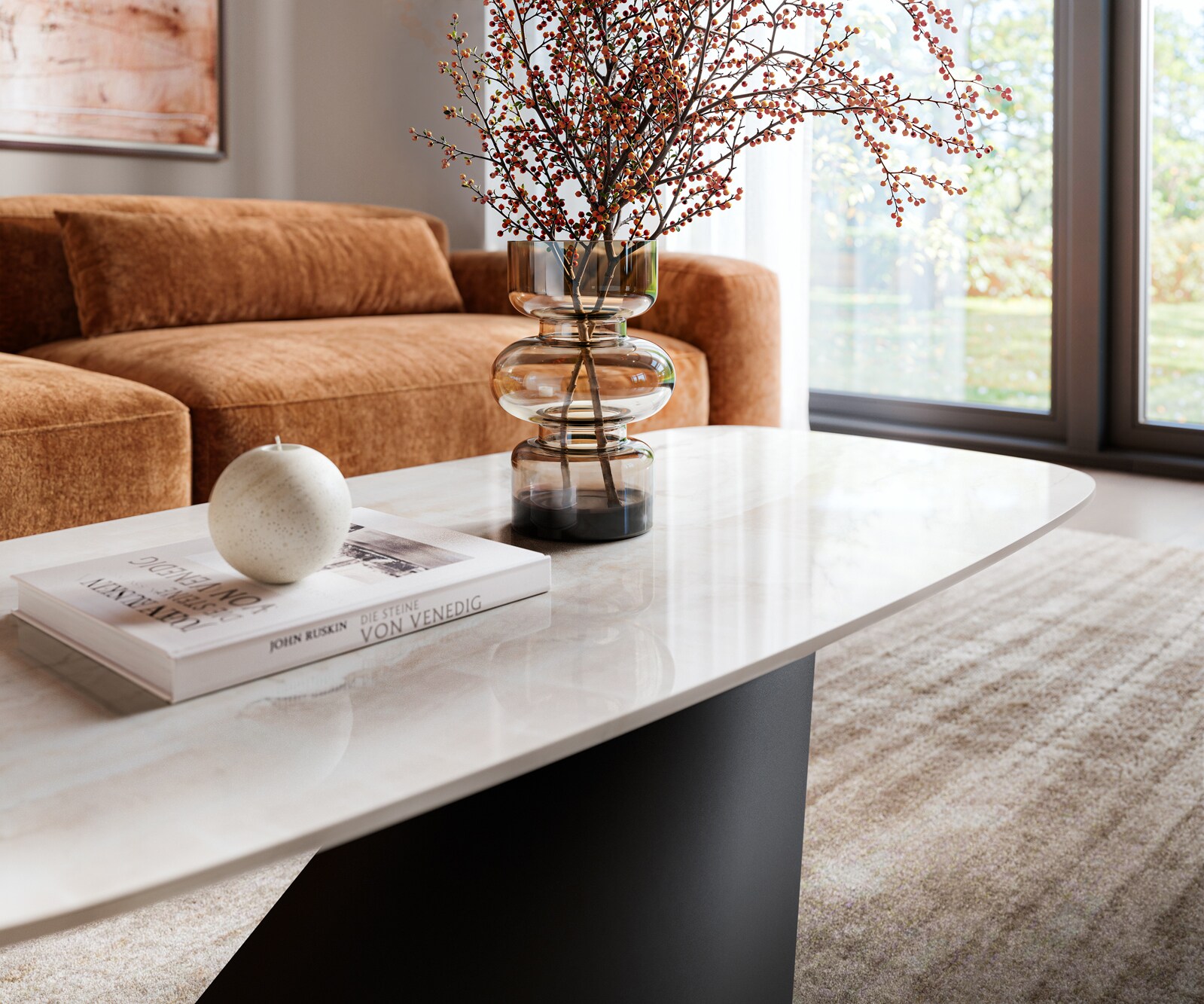 Table basse Edge forme bateau 100x50 cm céramique Onyx Champagne Conis métal noir 6