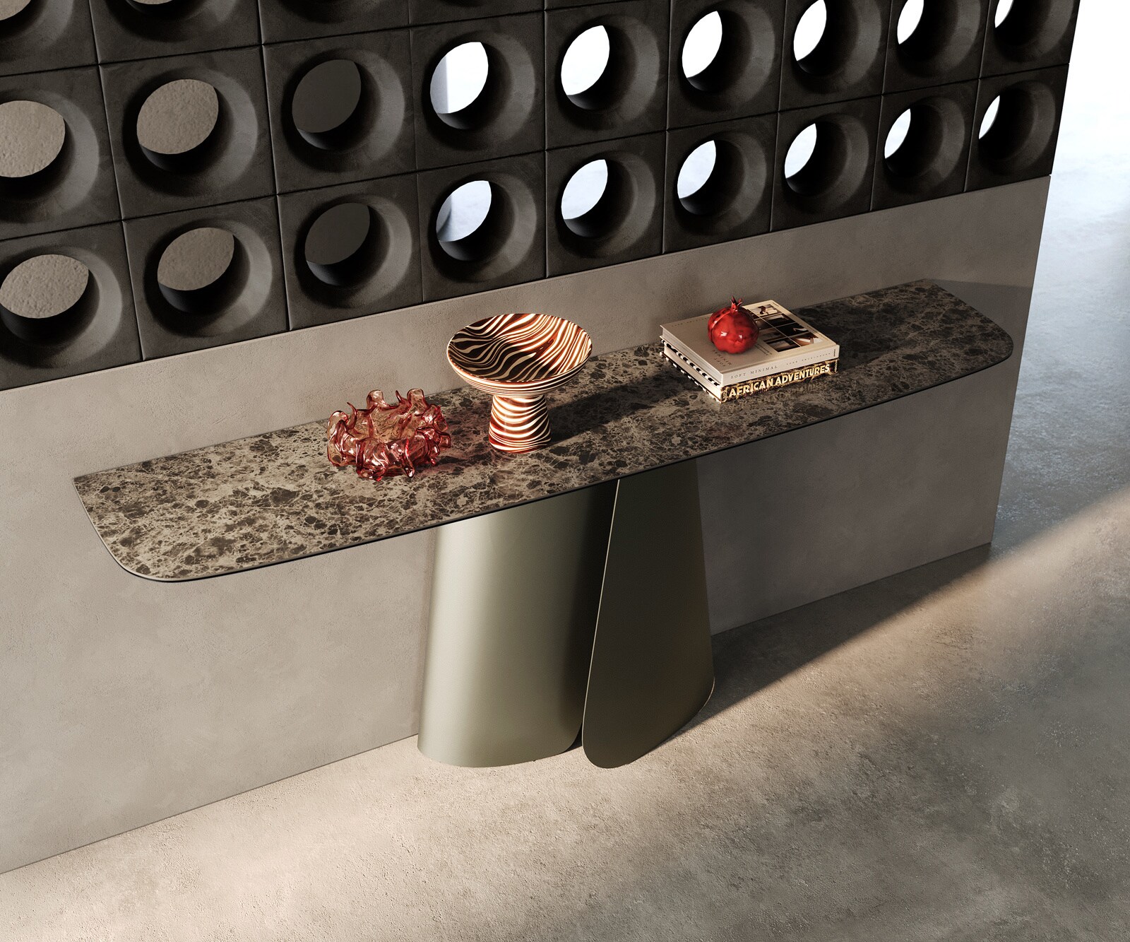Console Edge forme bateau 180x40 cm Céramique Emperador Extra Lucidato Dunkelbraun Livos Métal Effektfinish Titan 2
