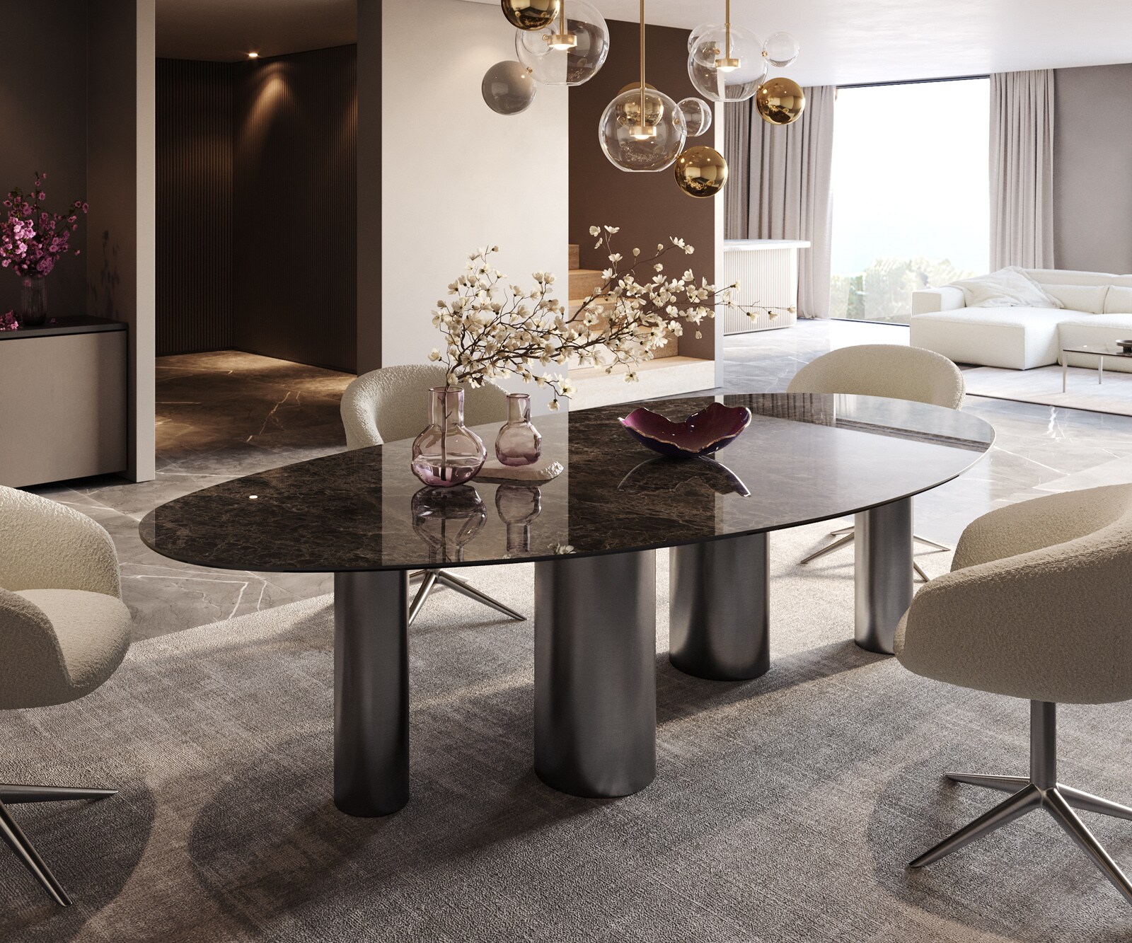 Table de salle à manger Edge Ovale Céramique Emperador Extra Lucidato Brun foncé 280x130 Pilier Acier inoxydable Graphite 1