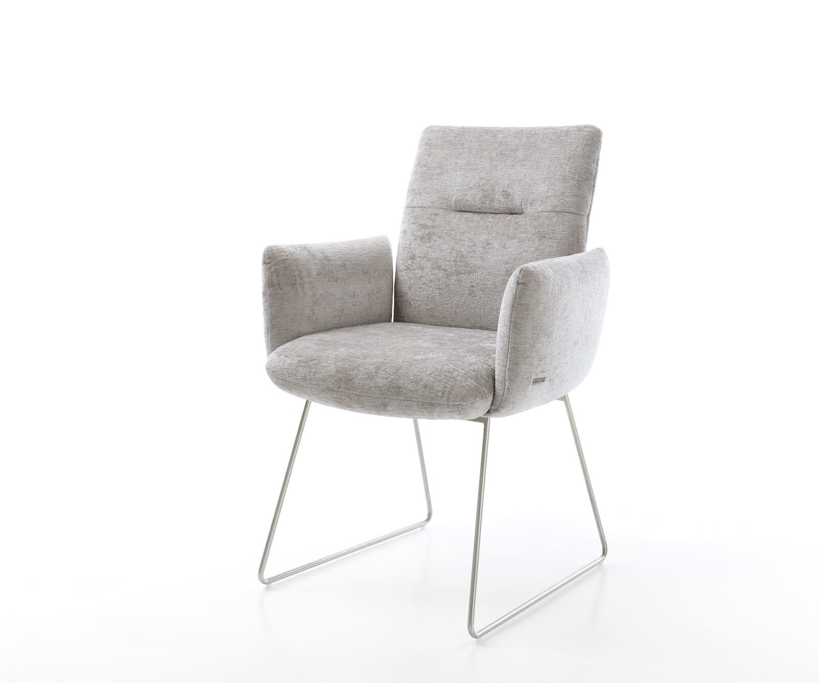 Chaise-de-salle-à-manger Jova-Flex avec accoudoirs chenille gris argenté pied trapèze acier inoxydable brossé ressorts ensachés