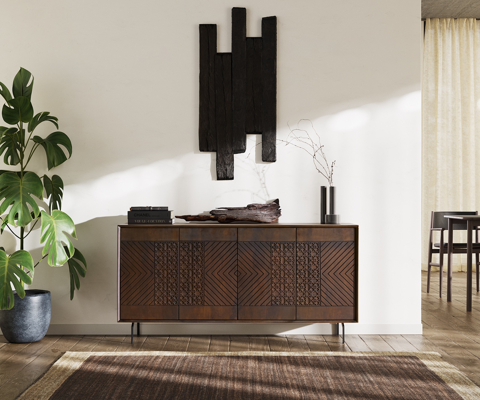 Buffet Manjula 145 cm manguier brun foncé 4 portes pied équerre métal noir 1 Buffet Manjula 145 cm manguier brun foncé 4 portes pied équerre métal noir 1