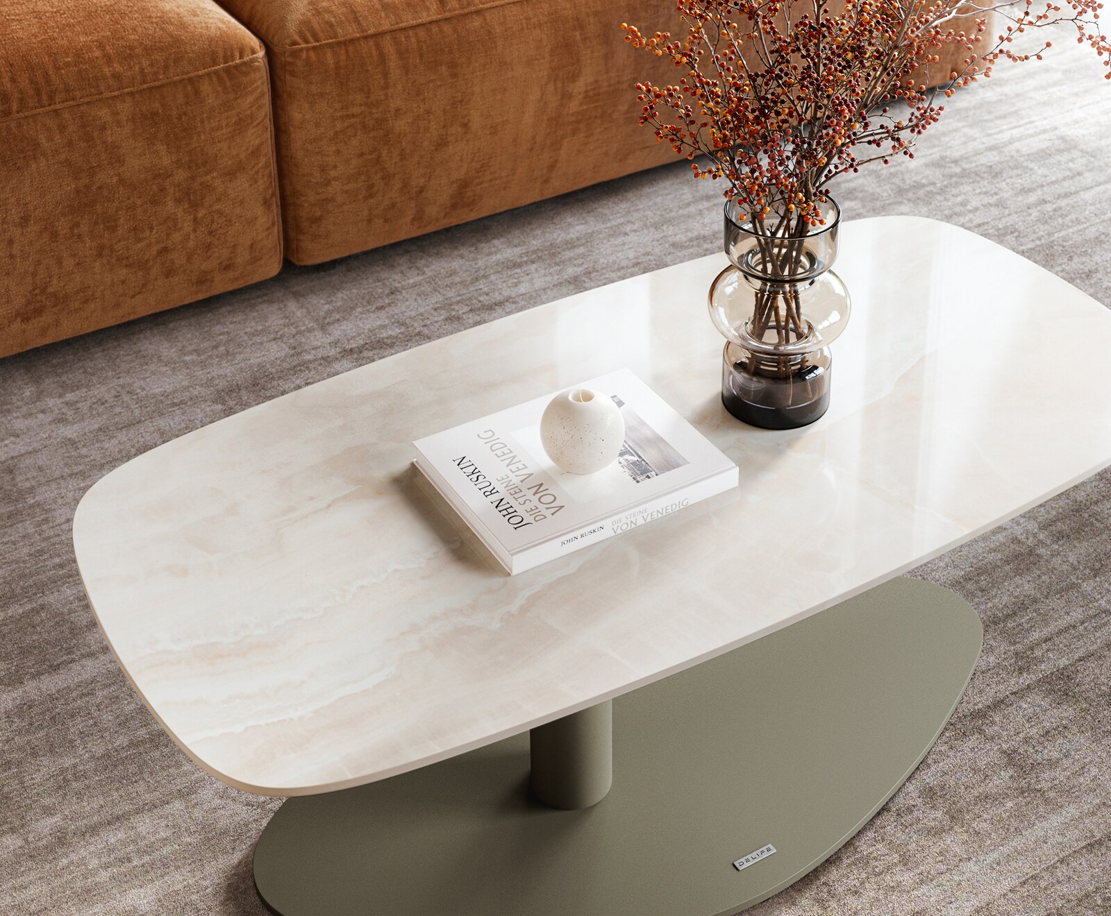 Table basse Edge forme bateau 100x50 cm céramique Onyx Champagne Vibany métal finition effet titane 4