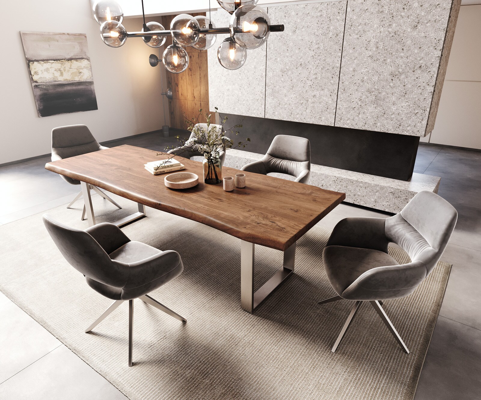 Table-à-manger Edge 260x100 XL acacia marron acier inoxydable mince Live-Edge 5 Table-à-manger Edge 260x100 XL acacia marron acier inoxydable mince Live-Edge 5