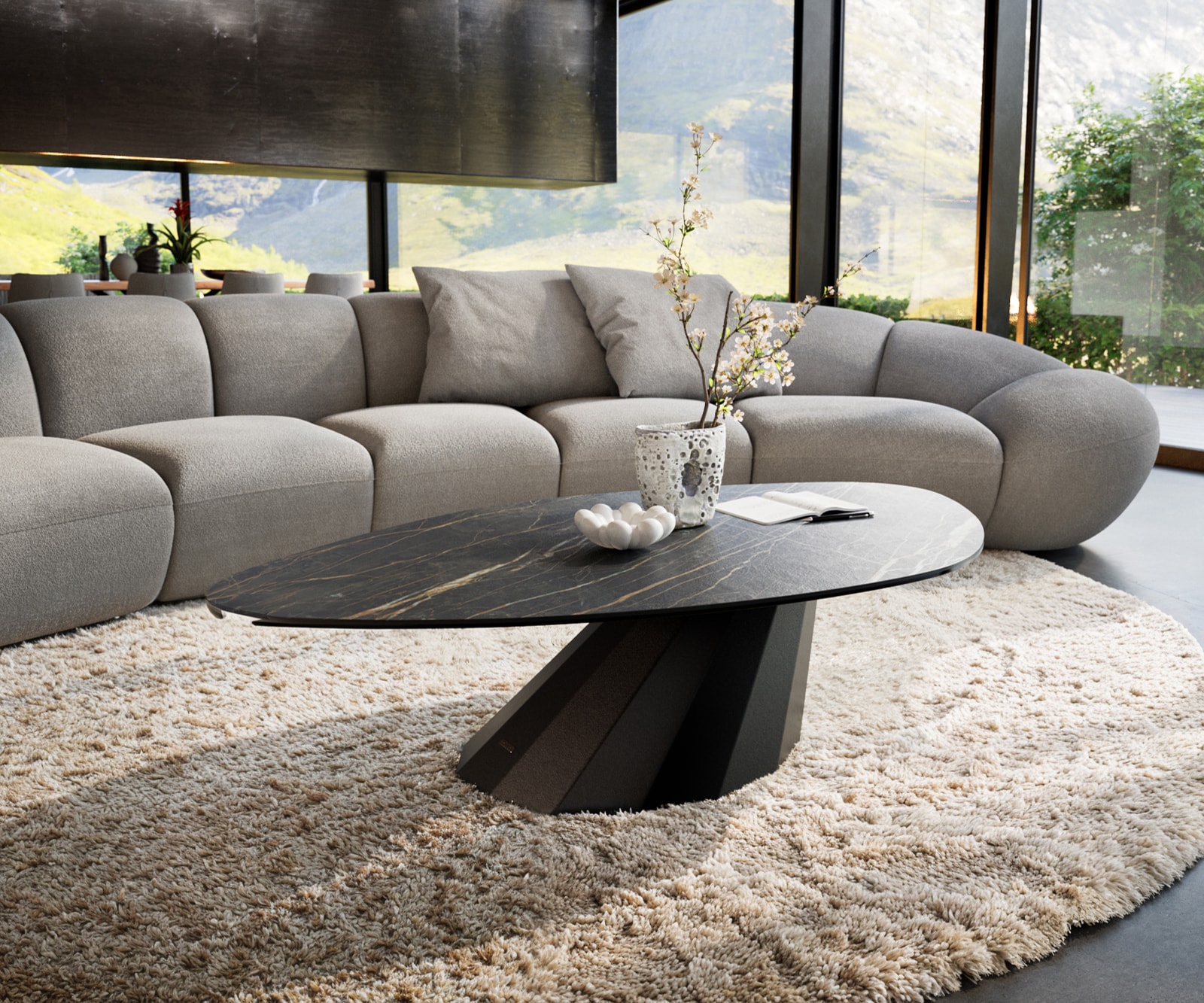 Table basse Edge Organique 140x76 cm céramique Laminam® Noir Desir brun Parabi métal noir 1