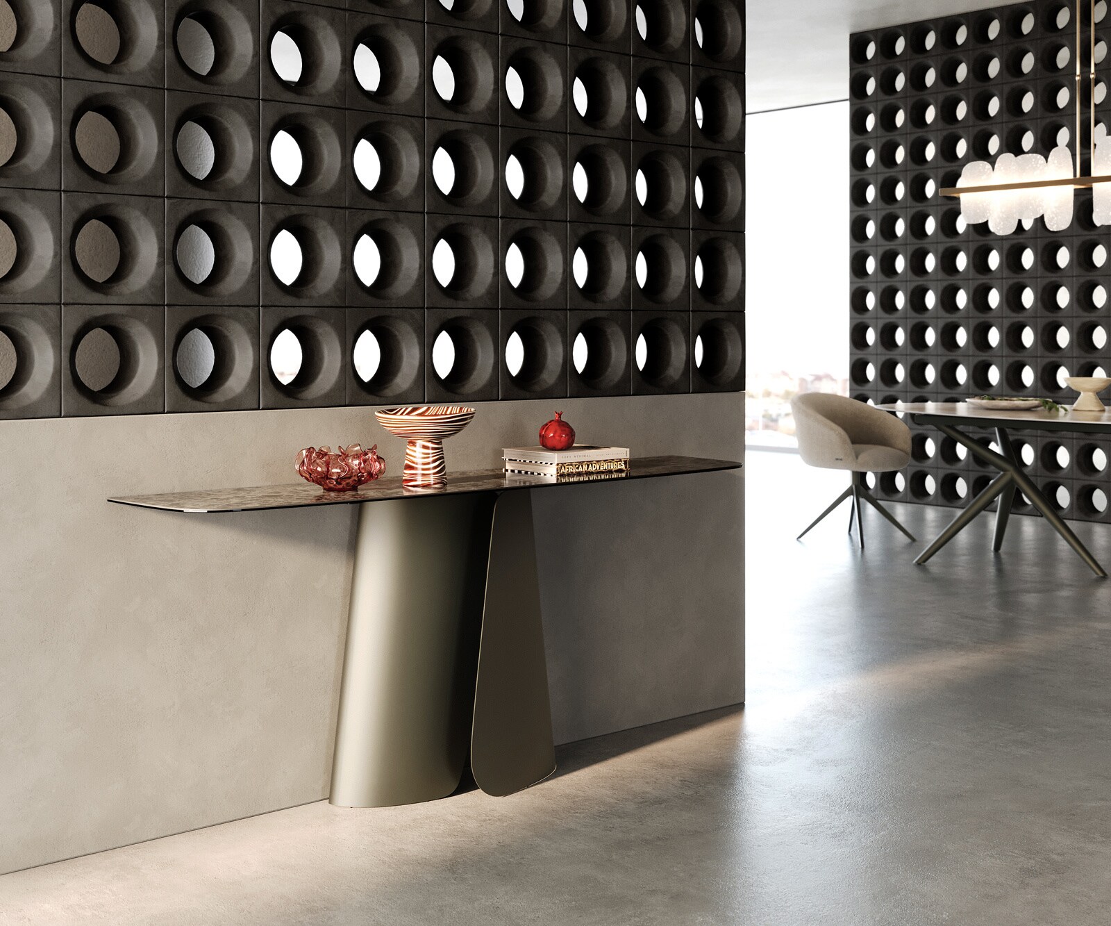 Console Edge forme bateau 180x40 cm Céramique Emperador Extra Lucidato Dunkelbraun Livos Métal Effektfinish Titan 7