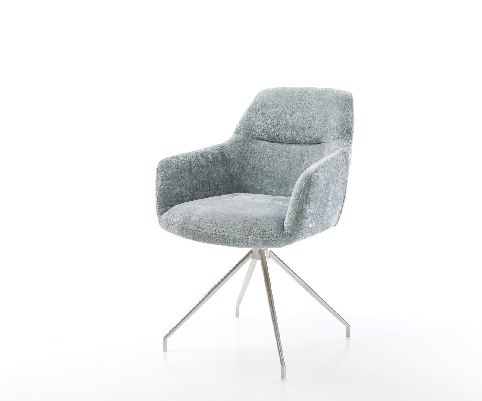 Chaise-pivotante Pejo-Flex chenille bleu pastel pied croisé conique acier inoxydable brossé pivotement sur 180° ressorts ensachés