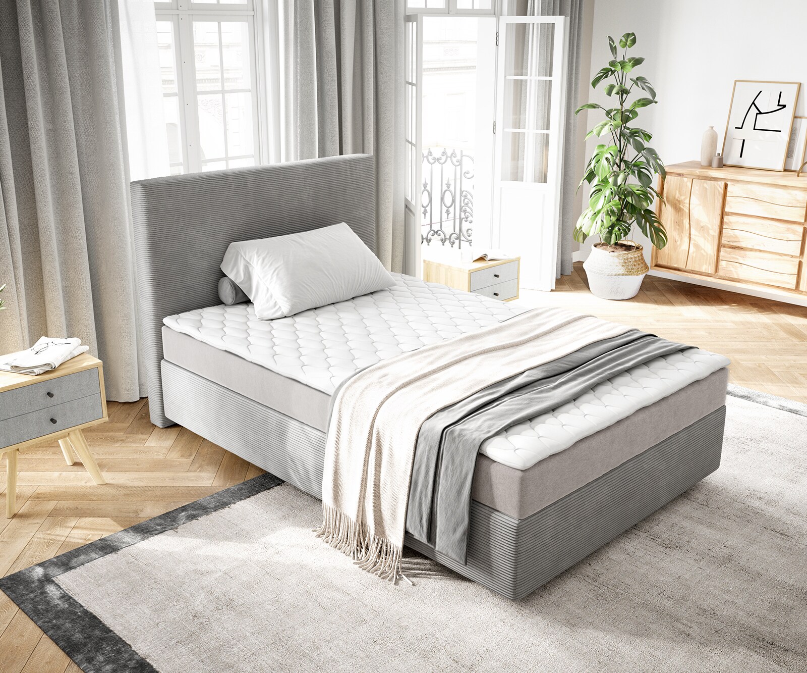 Lit-à-sommier-tapissier Dream-Well 120x200 cm Velours côtelé gris argenté avec matelas et surmatelas 3