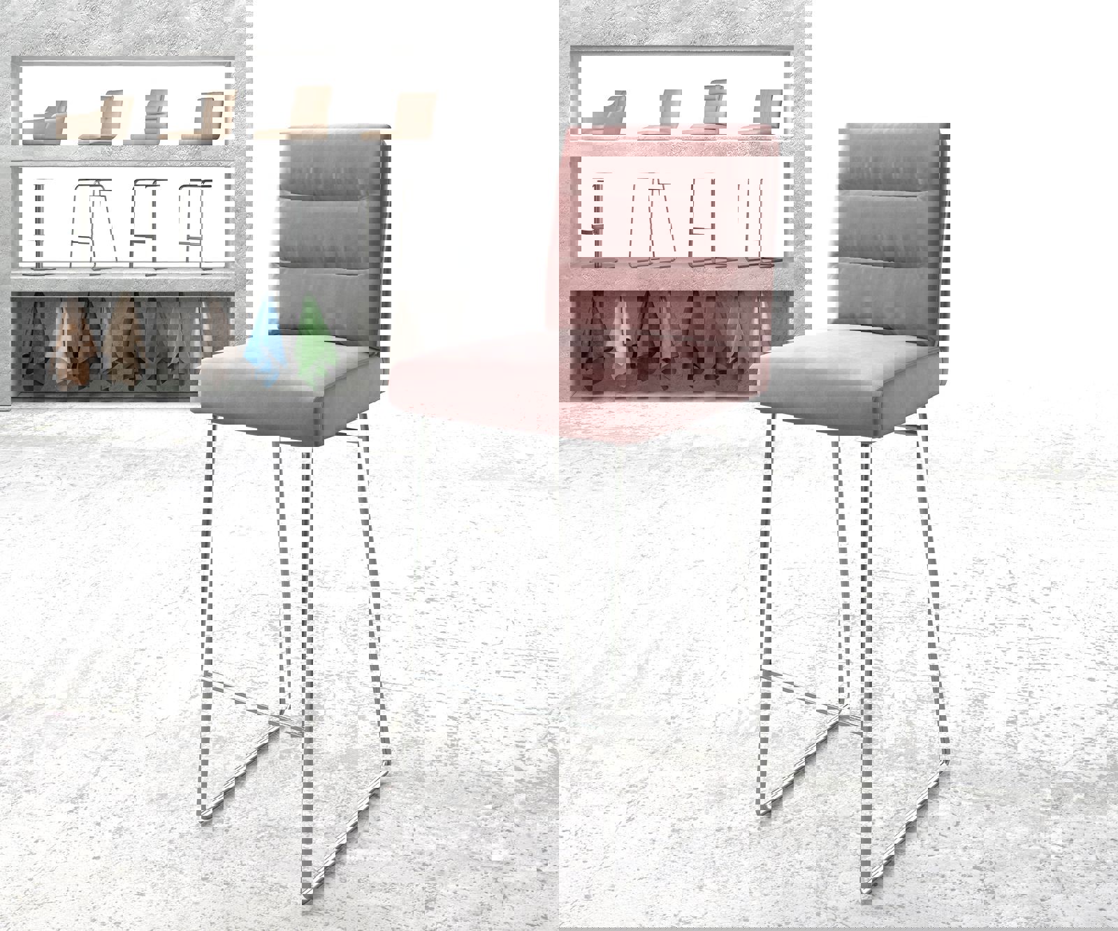 Chaise-de-bar Pela-Flex velours rosé cadre de patins acier inoxydable