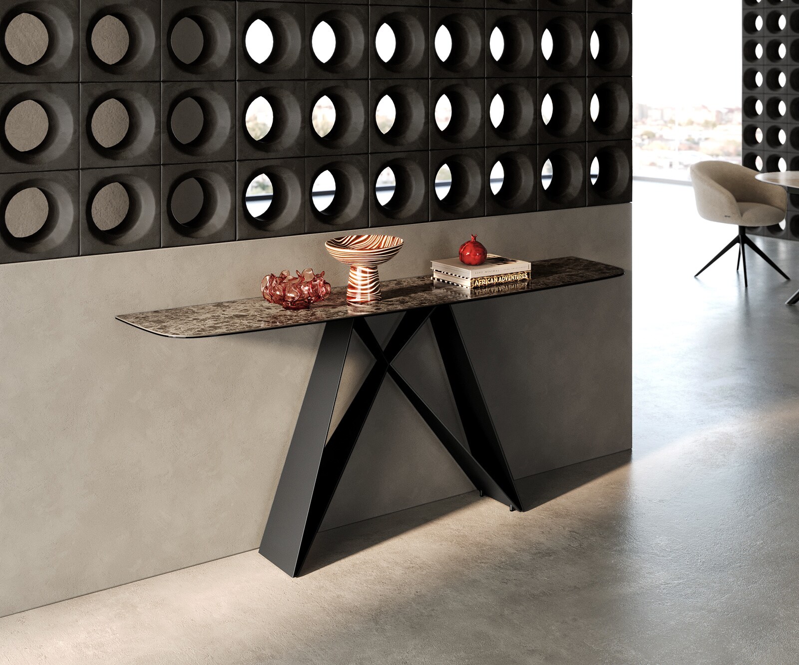 Console Edge forme bateau 180x40 cm Céramique Emperador Extra Lucidato Dunkelbraun Velio Métal Noir 4