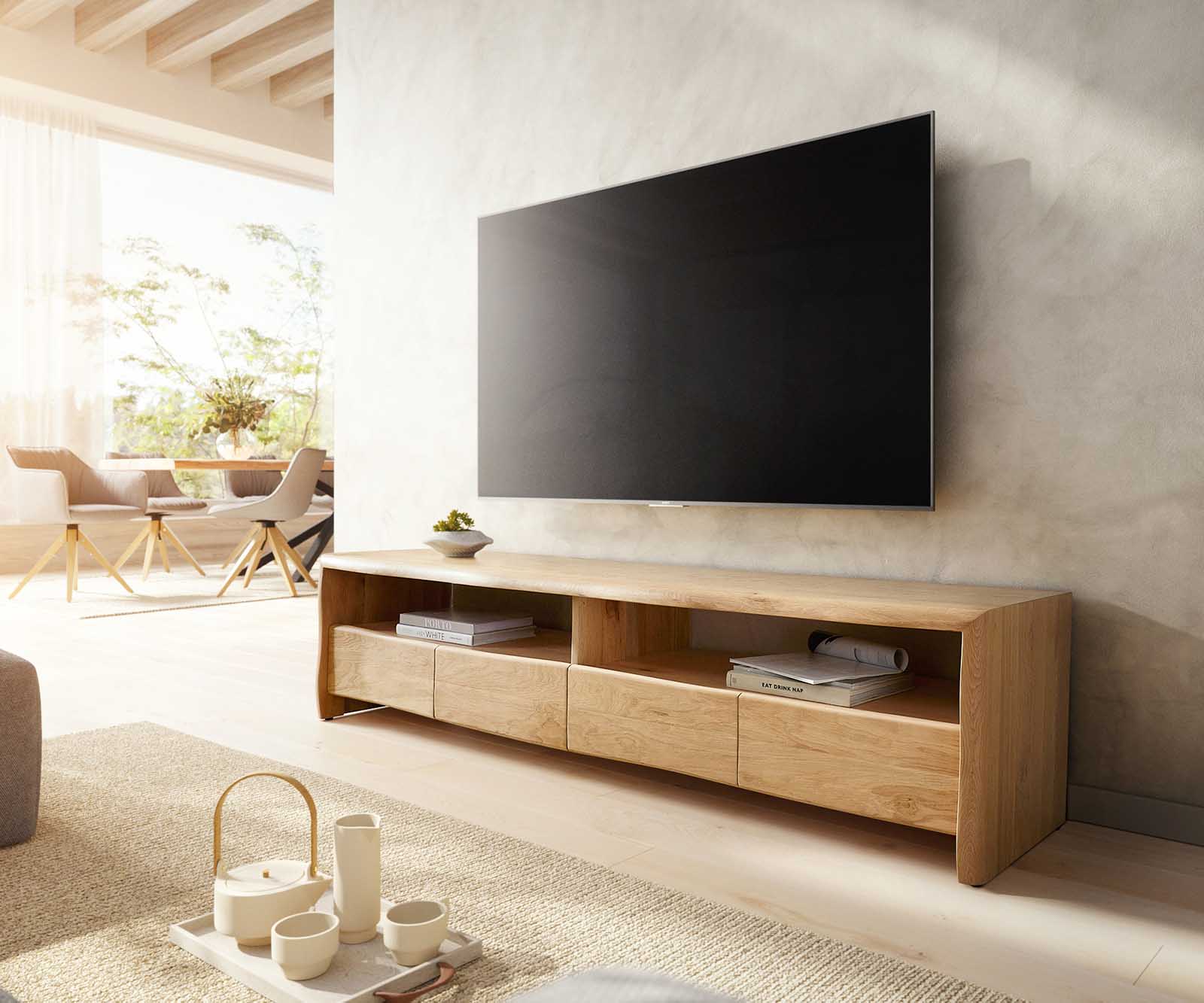 Meuble-TV Live-Edge 190 cm chêne naturel 4 tiroirs 2 compartiments bord d'arbre Meuble-TV Live-Edge 190 cm chêne naturel 4 tiroirs 2 compartiments bord d'arbre